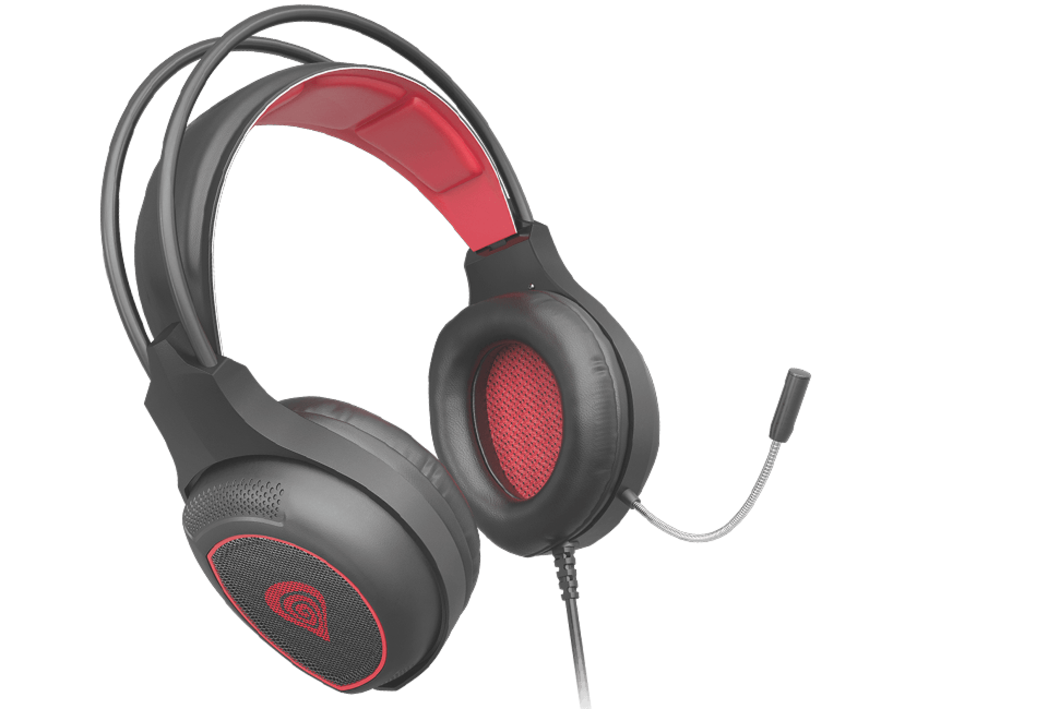 Headset featuring large ear cups with a red accent and a detachable microphone.