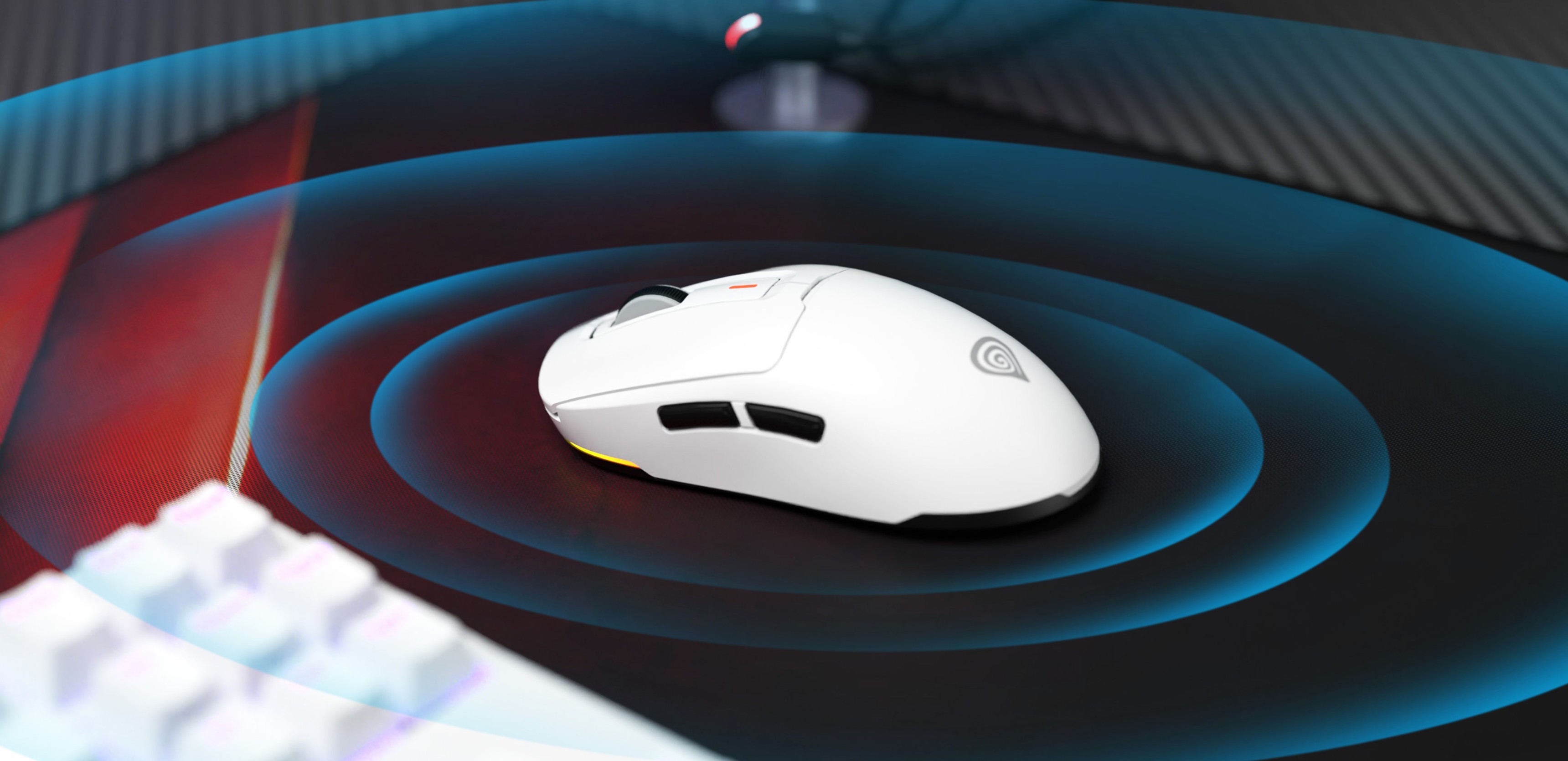 Wireless gaming mouse Genesis Zircon 660 in white, featuring a sleek design and 12,000 DPI sensitivity, placed on a gaming surface