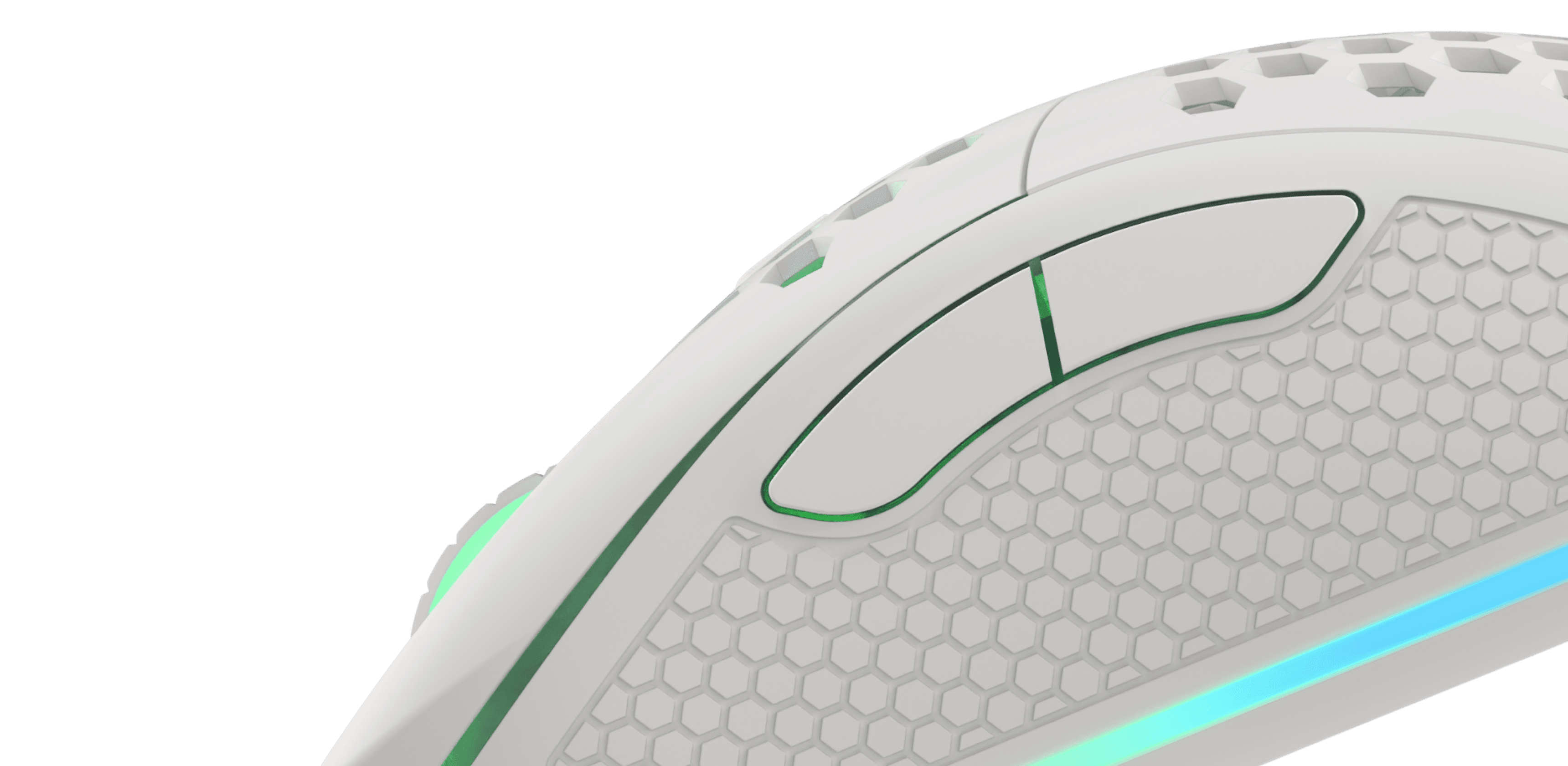 White gaming mouse with textured surface and two side buttons highlighted in green.