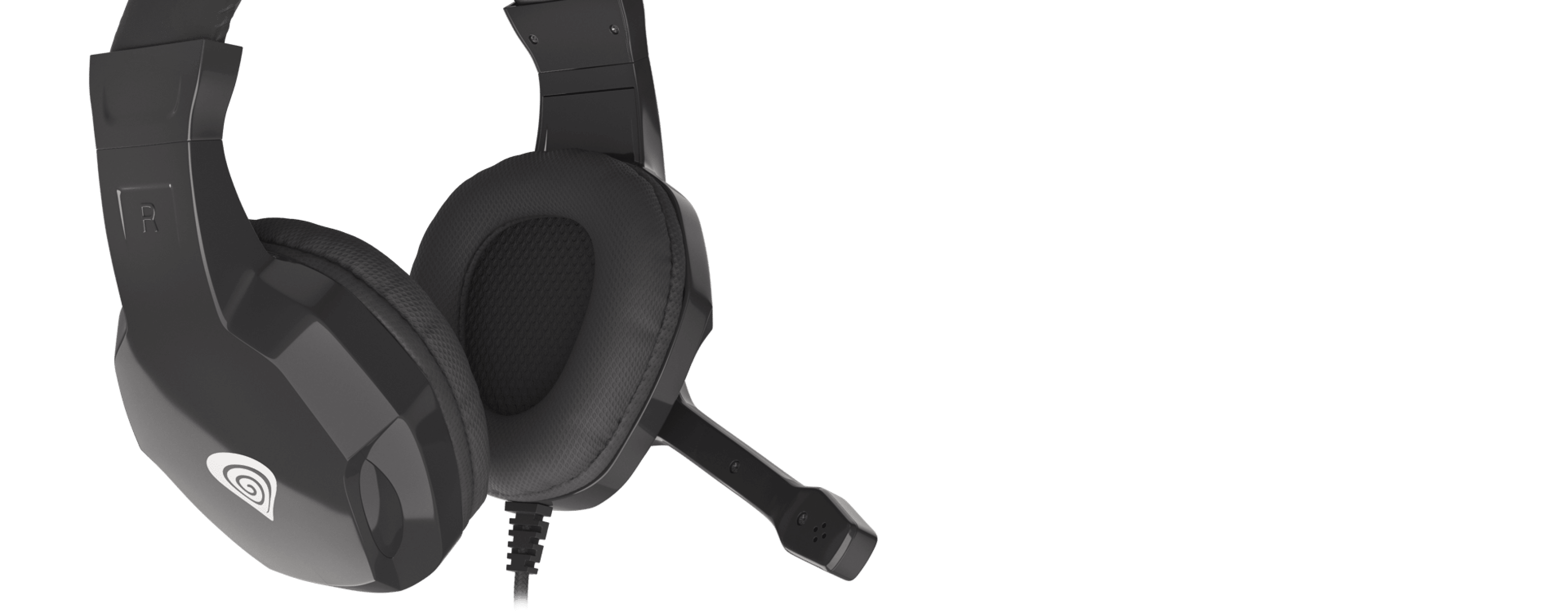 Black headset with a flexible microphone and cushioned ear pads for comfort.