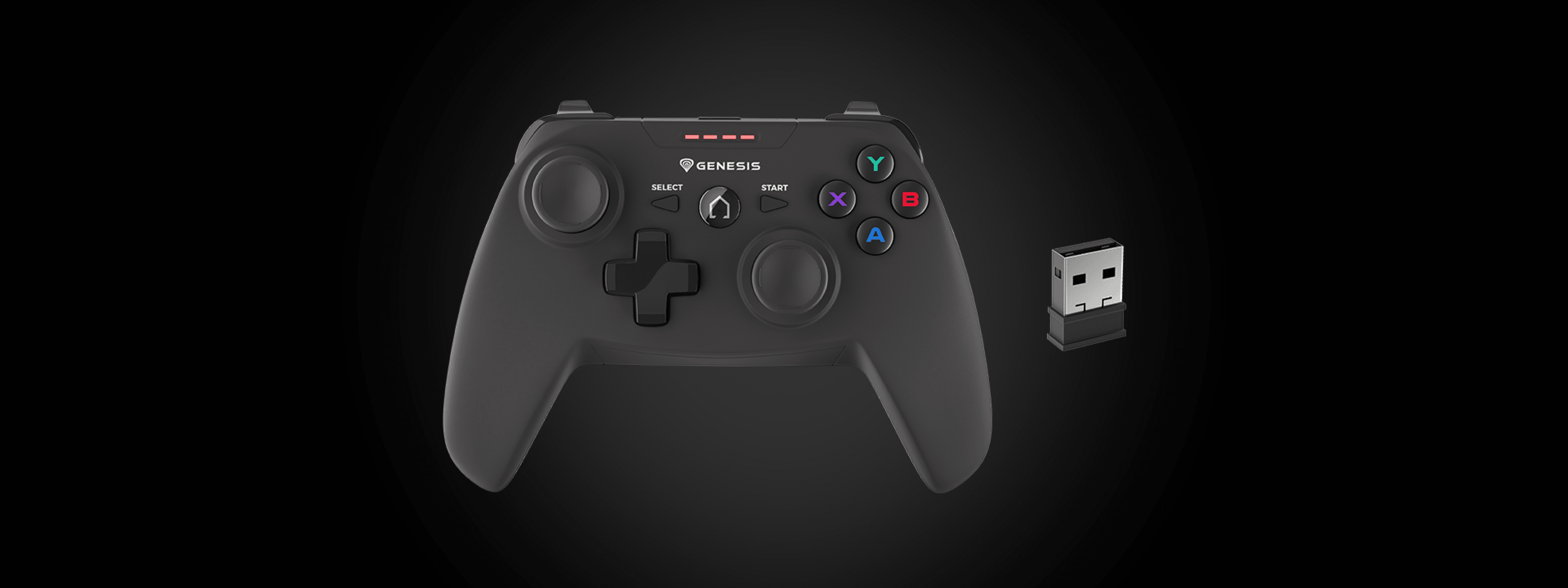 Game controller with various buttons and a small wireless adapter beside it.