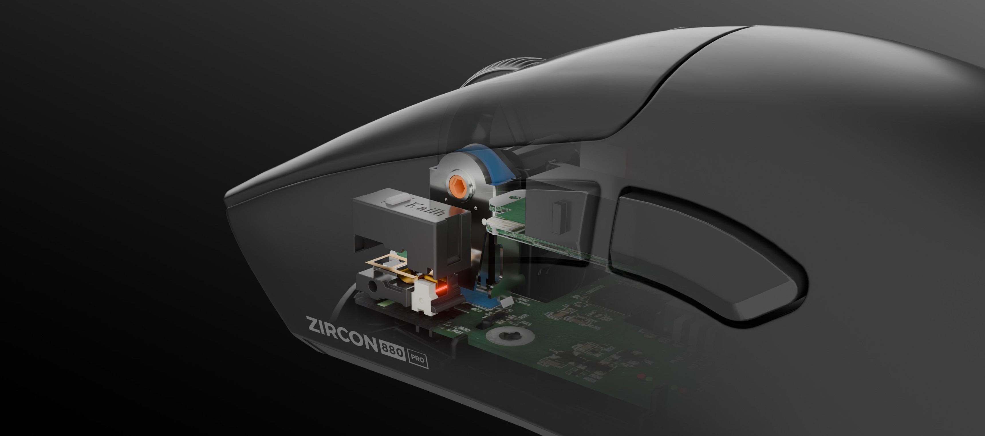 Cutaway view of a gaming mouse showing internal components and circuit board details.