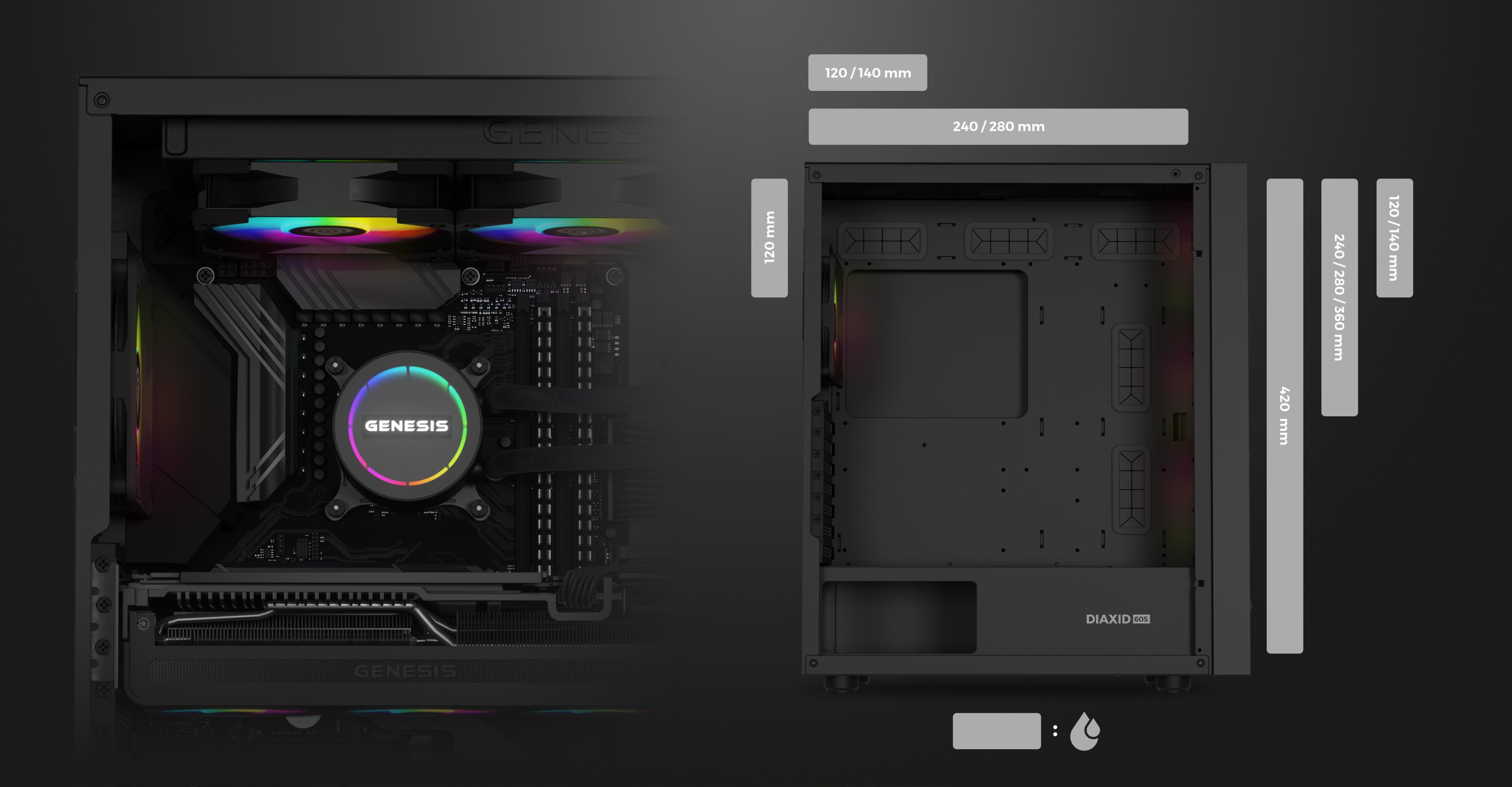 Black computer case with side window and multiple colorful cooling fans