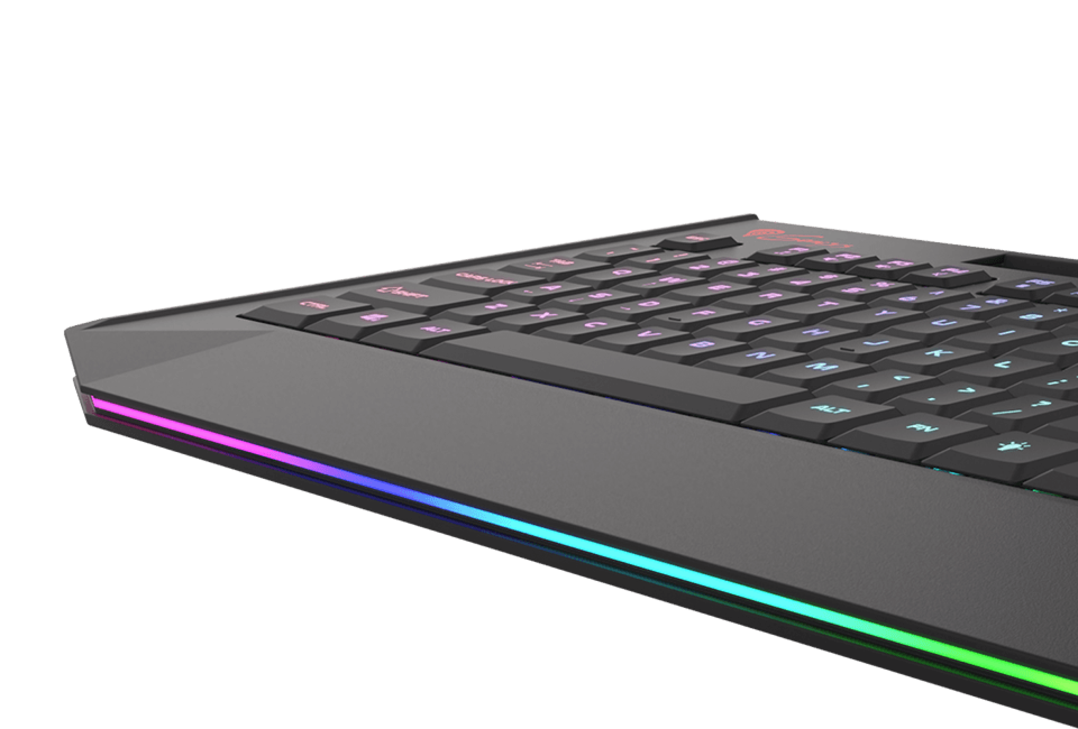 RGB gaming keyboard with slim design, showcasing customizable backlighting and a low-profile x-scissor switch layout