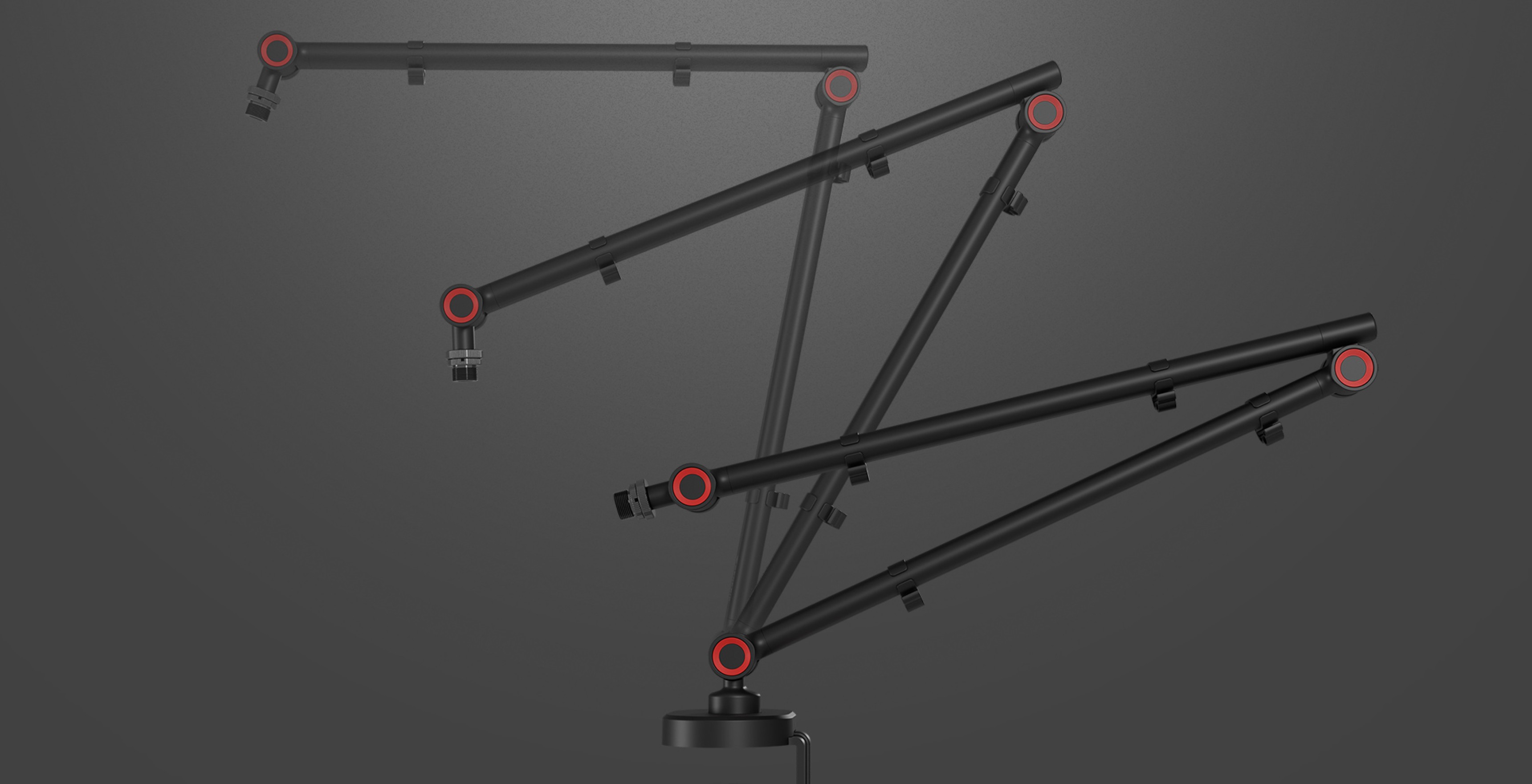 Adjustable black microphone arm with red accents and a headset holder, designed for optimal positioning and convenience