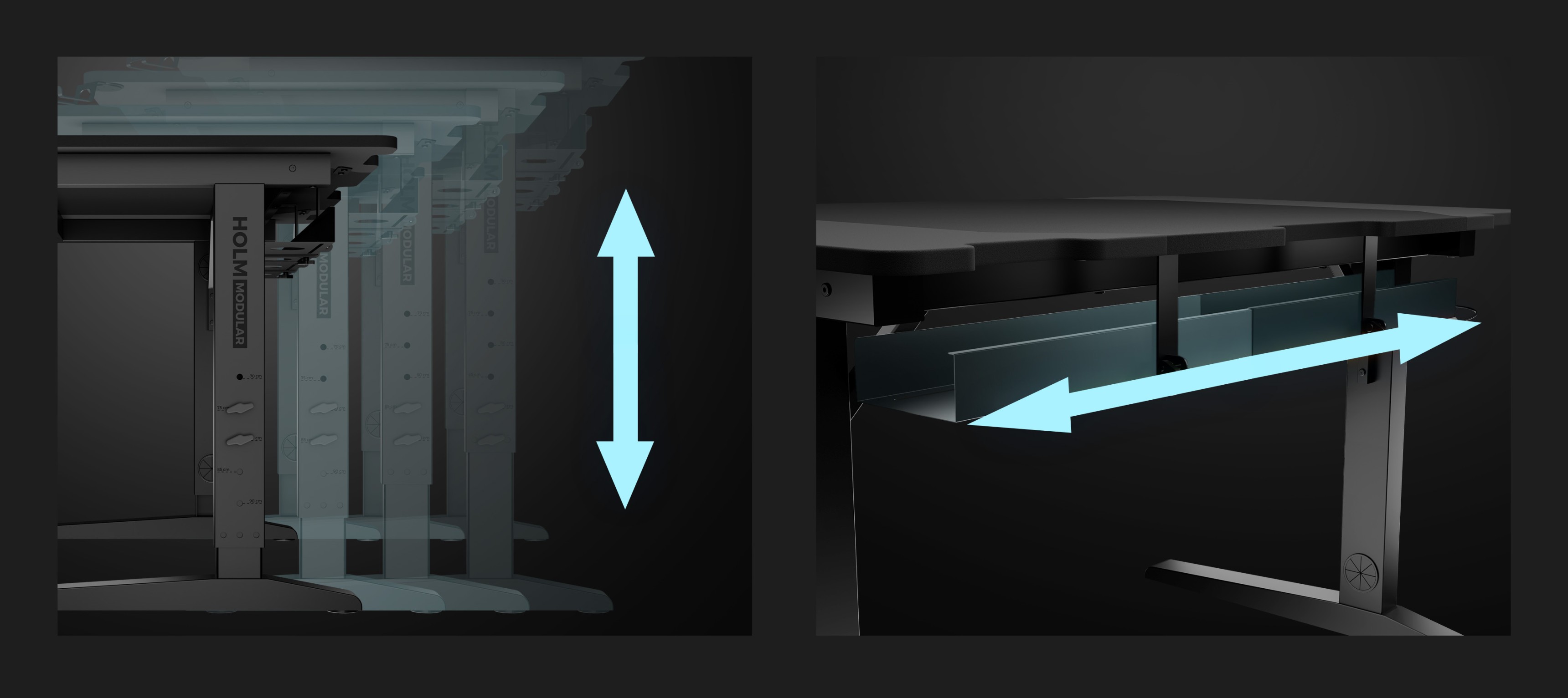 Adjustable height and modular features of the GENESIS HOLM 180 gaming desk, showcasing movement mechanics
