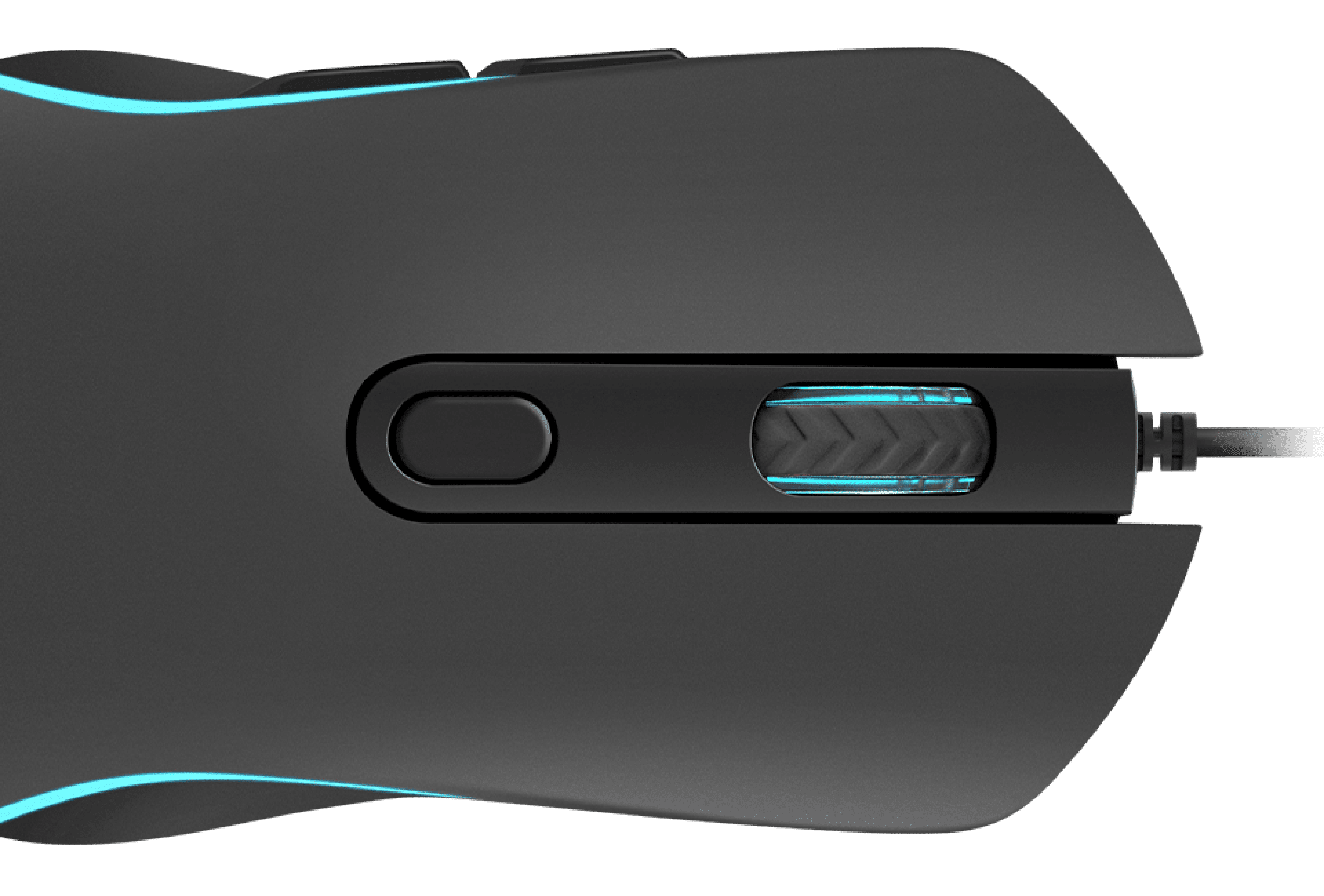A computer mouse featuring a scrolling wheel, buttons, and glowing accents.