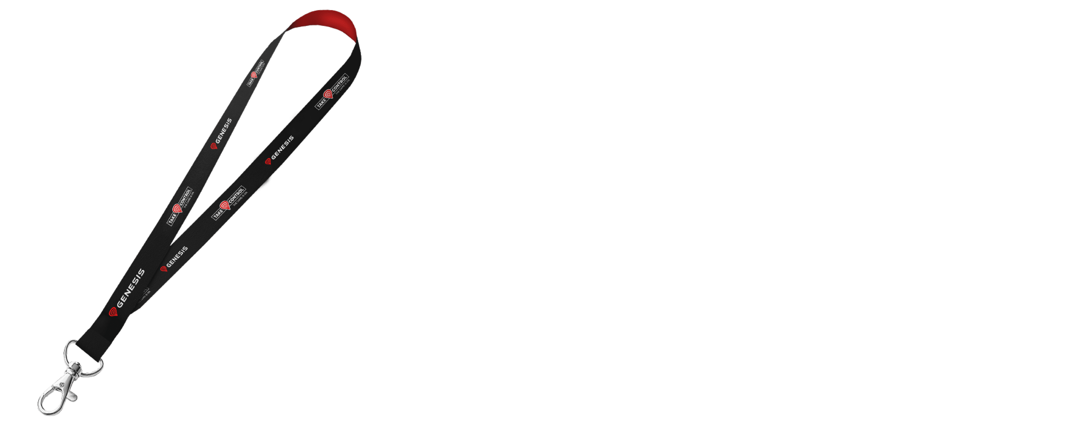 Black and red key lanyard with a clip, featuring a repeated logo pattern