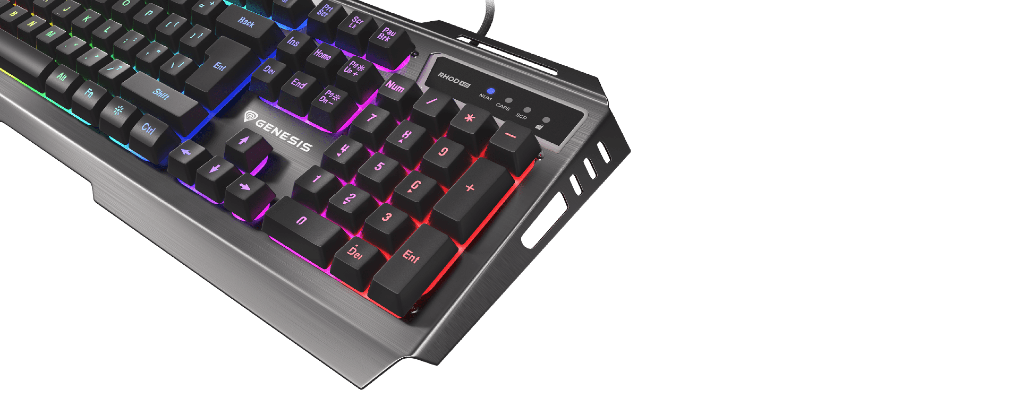 Gaming keyboard Genesis Rhod 420 RGB with backlighting, featuring a sleek design and customizable rainbow illumination