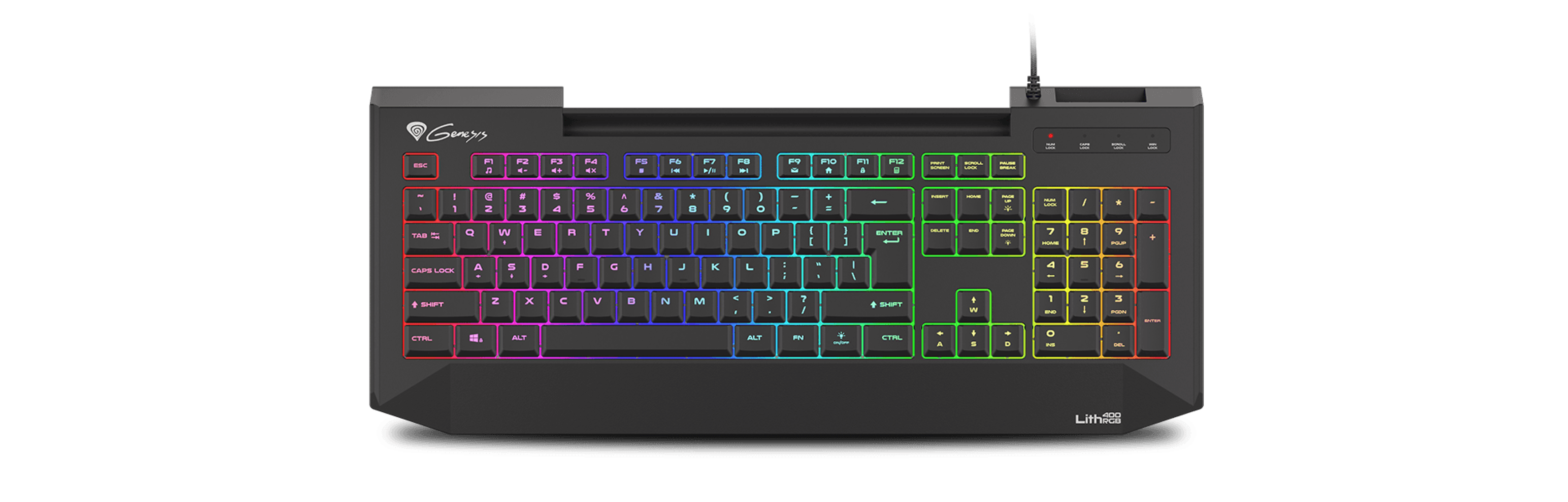 Slim RGB gaming keyboard with X-scissor switches, featuring customizable backlighting and a sleek design