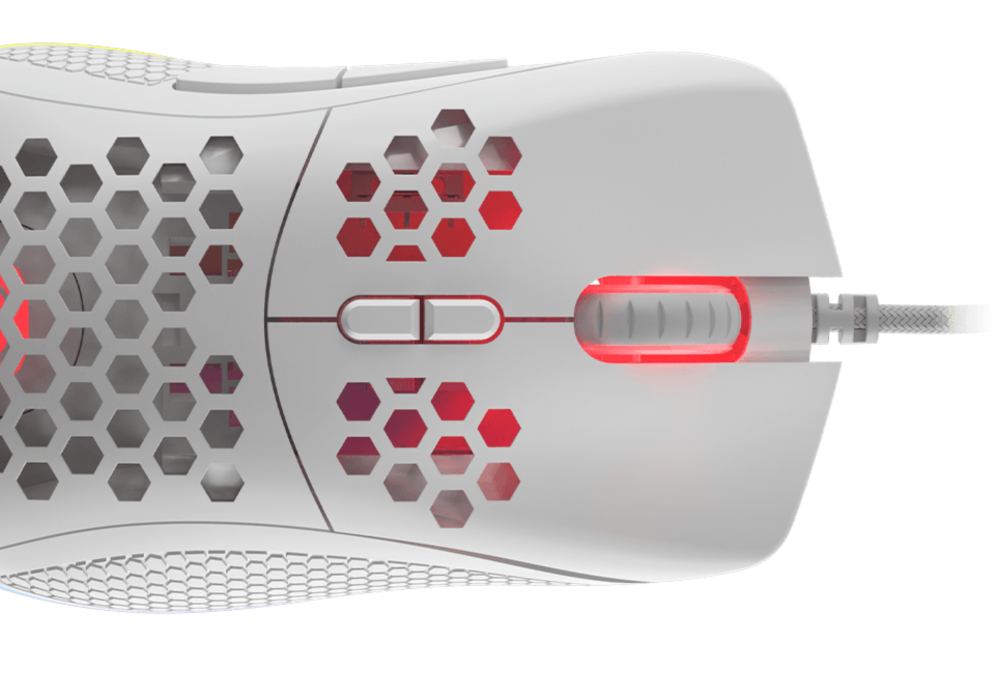 Gaming mouse with a textured surface, side buttons, and glowing red accents.