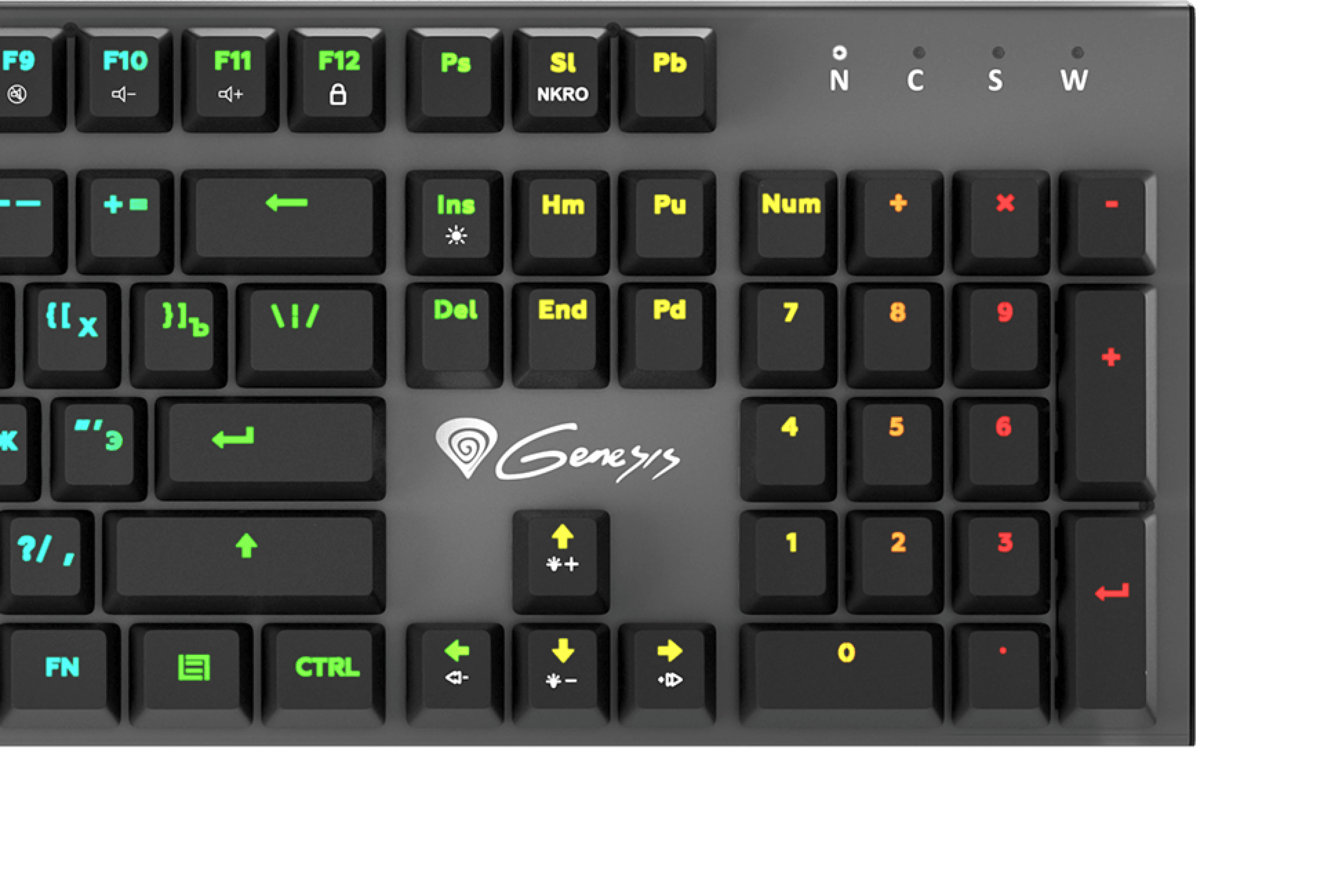 Keyboard with colored keys, a logo, and various function and number keys.