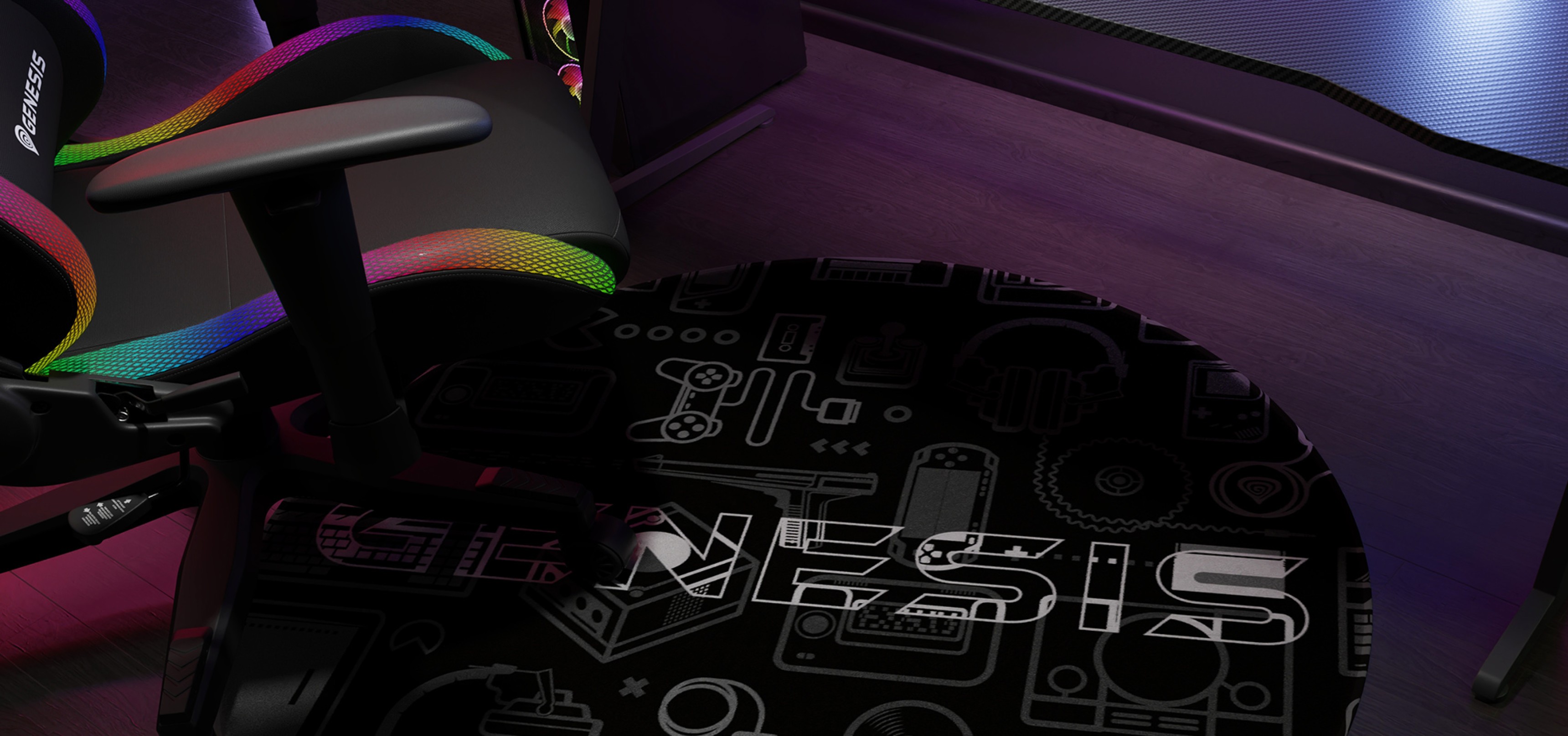 Protective mat under the Genesis Tellur gaming chair, featuring a black design with various gaming-themed graphics