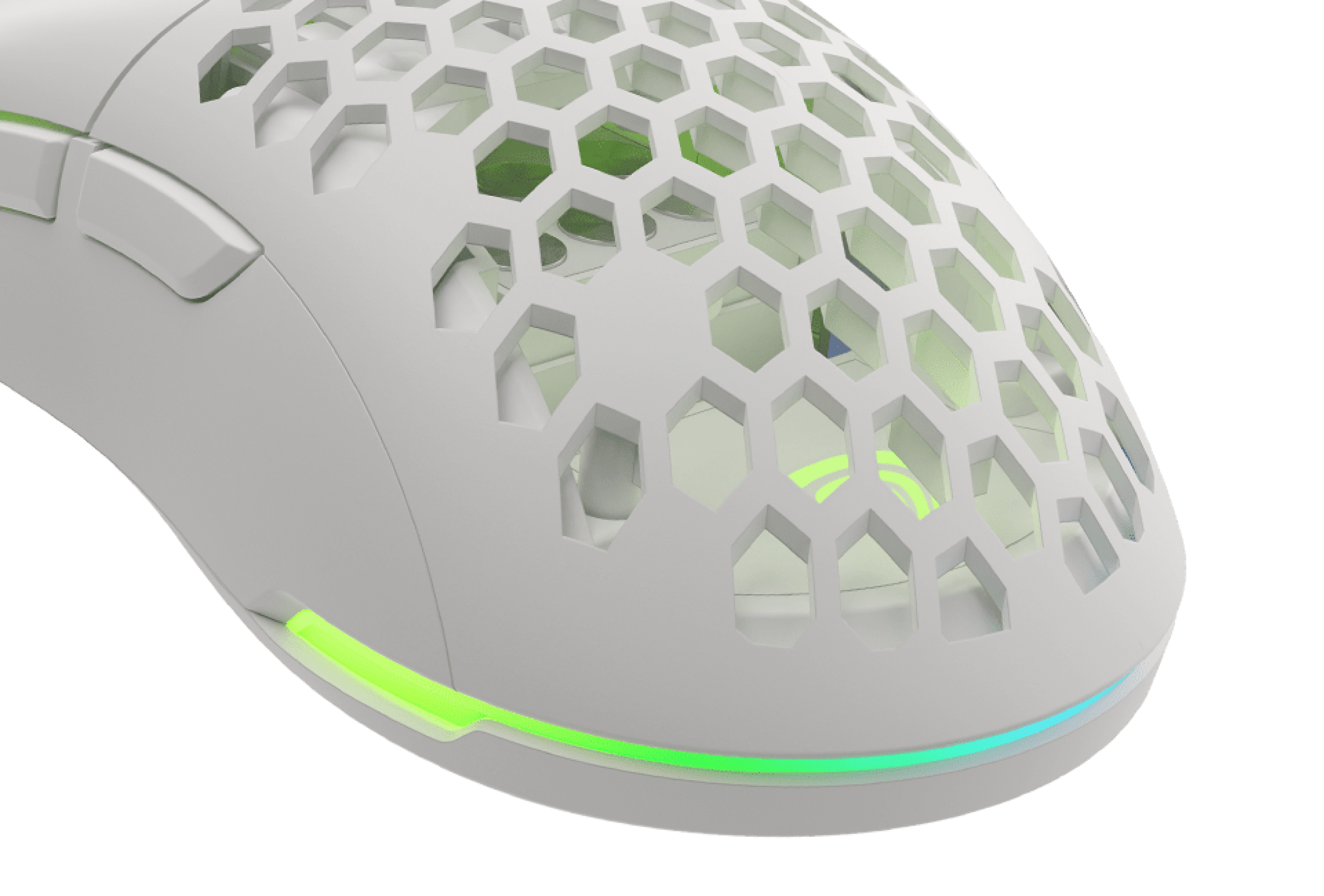 White gaming mouse featuring a honeycomb design, RGB lighting, and adjustable sensitivity up to 8000 DPI