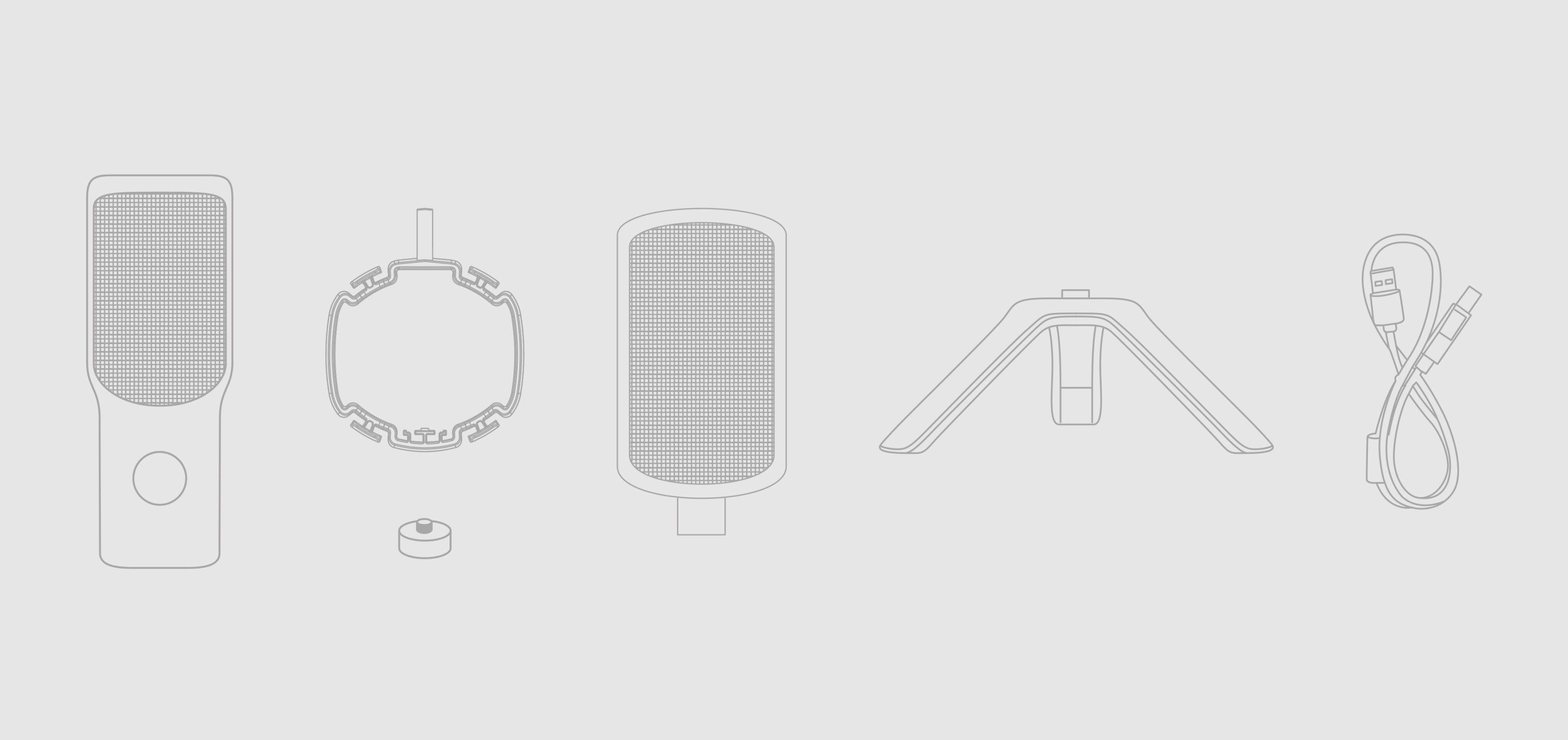 Black USB microphone set including the microphone, shock mount, stand, adapter, and cable