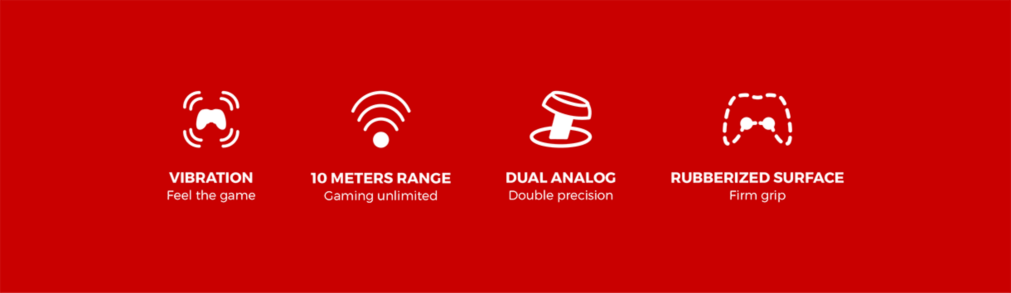 Red background with four icons representing features of a gaming controller.