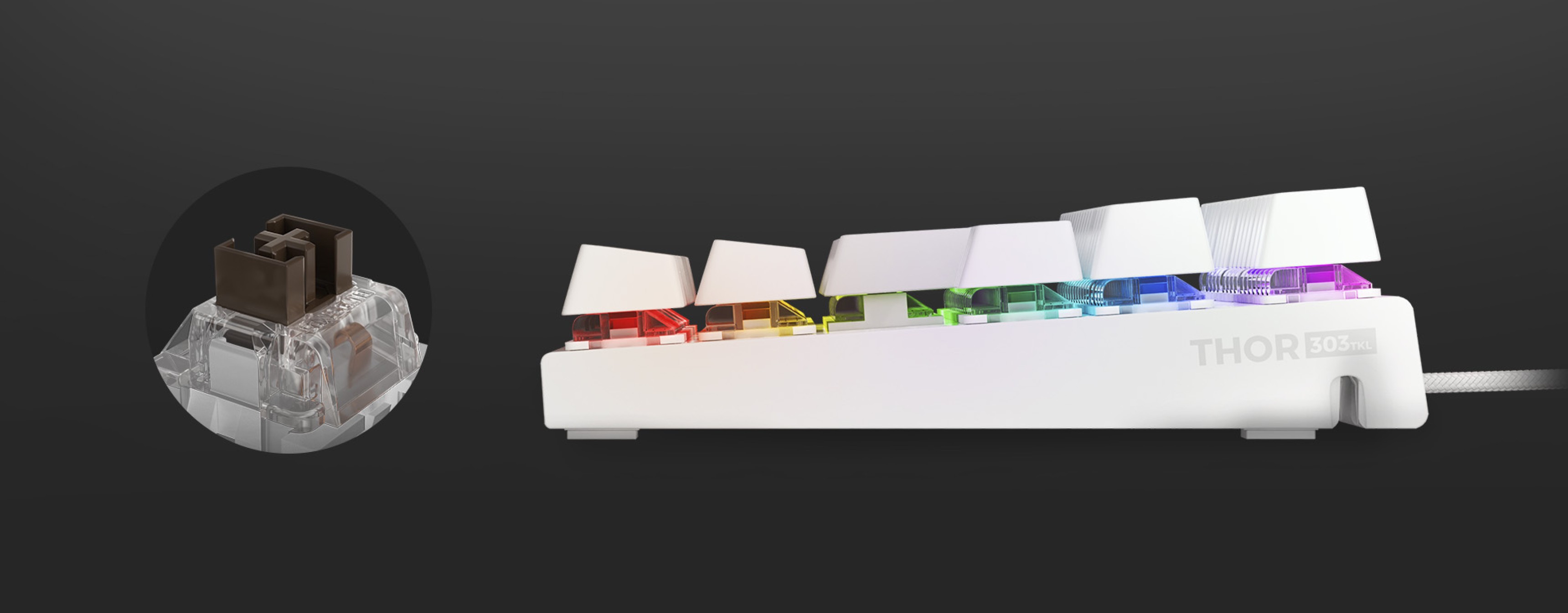 White mechanical gaming keyboard with RGB backlighting and brown switches, featuring a close-up of a switch on the side
