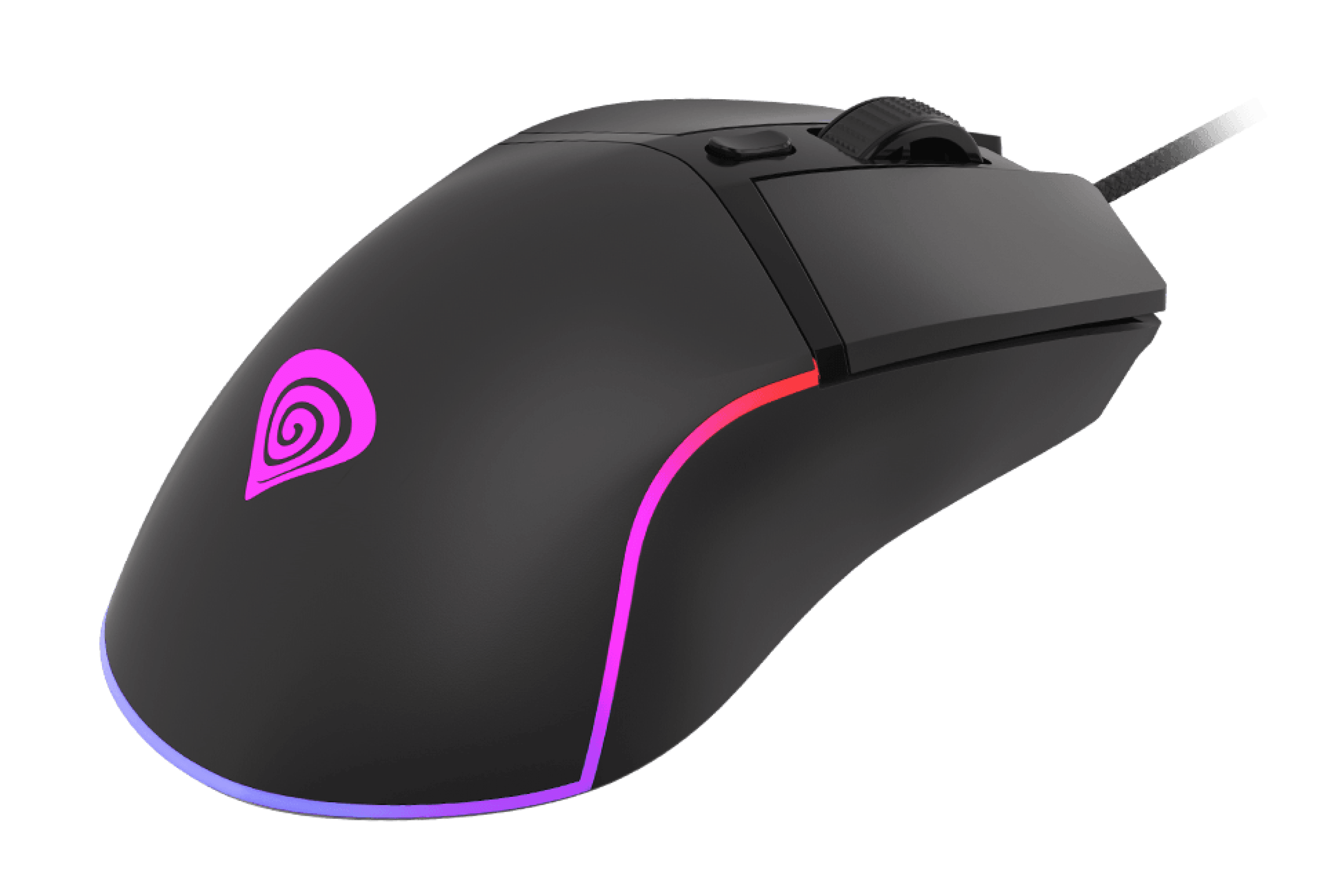 Black gaming mouse with customizable RGB lighting and a sleek design, featuring a scroll wheel and ergonomic shape