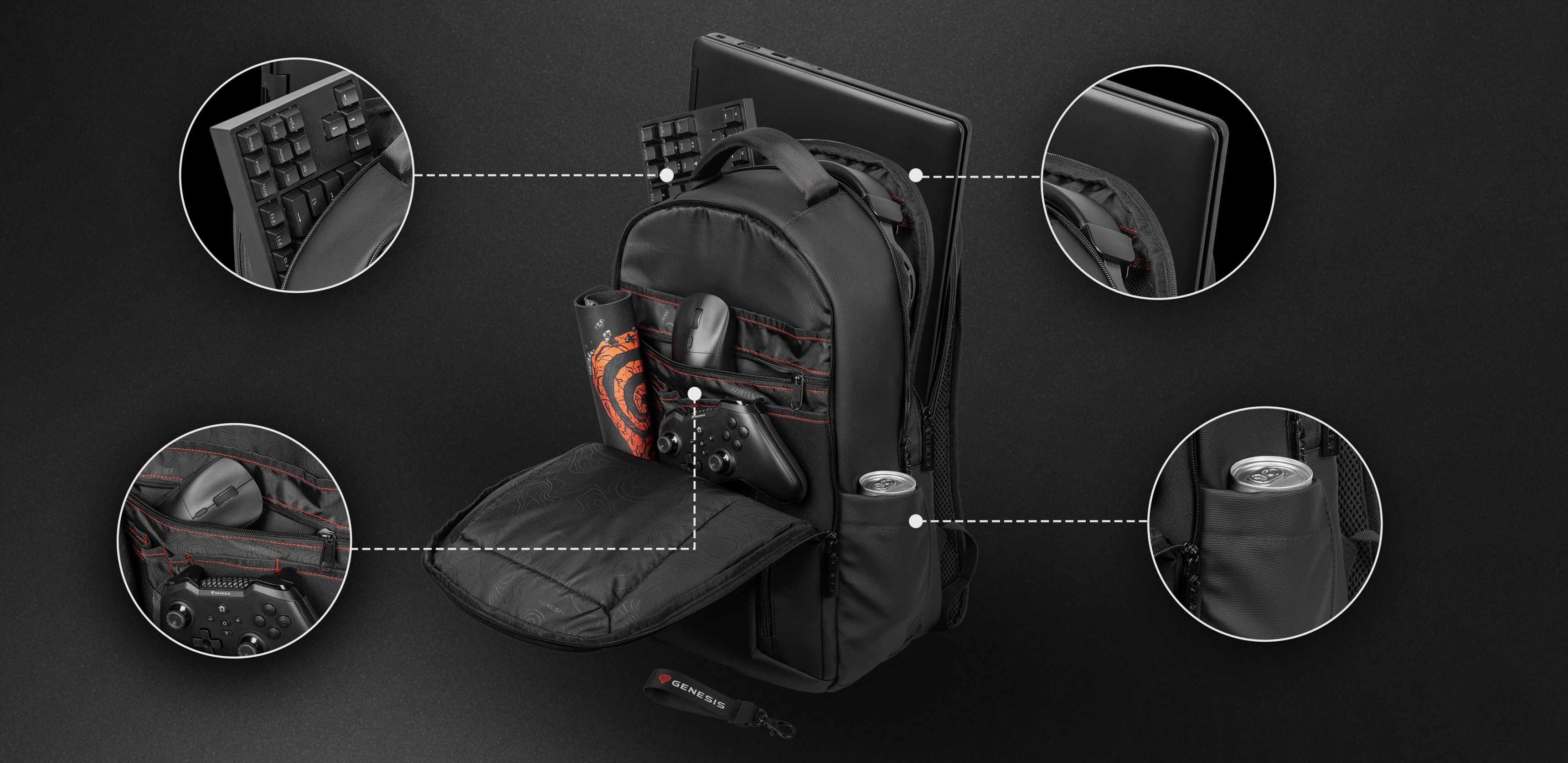 Black backpack with compartments for a laptop, keyboard, accessories, and a drink holder.