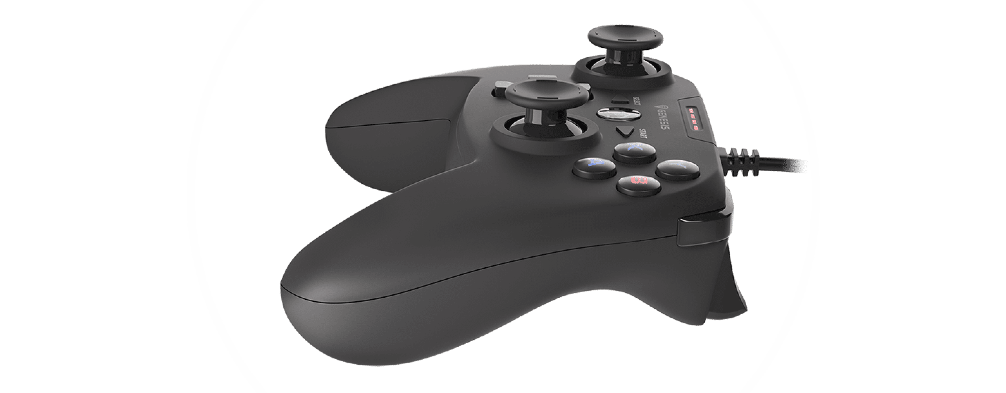 Wired Genesis Mangan P58 gamepad for PS3/PC, featuring dual analog sticks and multiple buttons in a sleek black design
