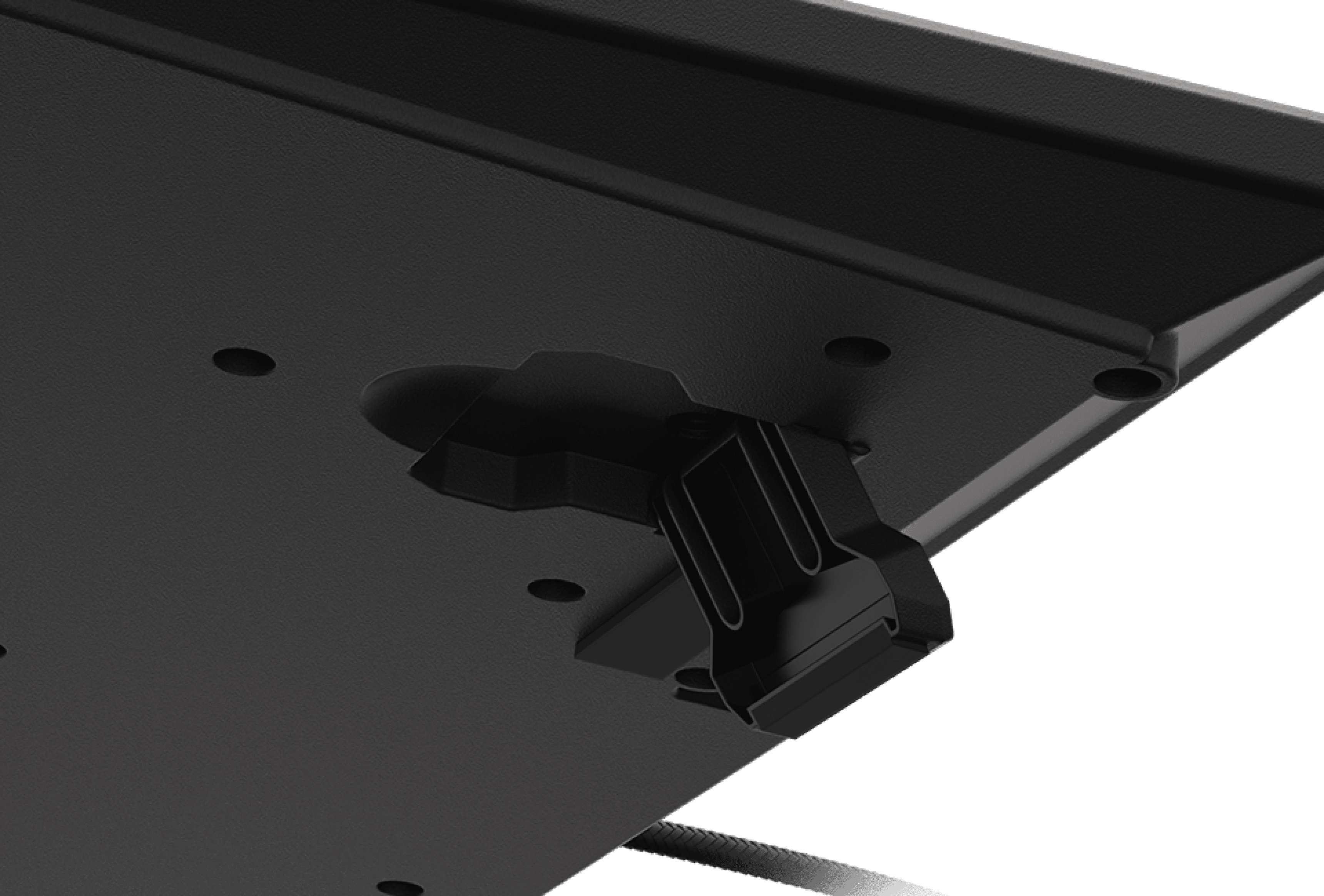 Mounting clip attached to the underside of a black surface with screw holes visible.