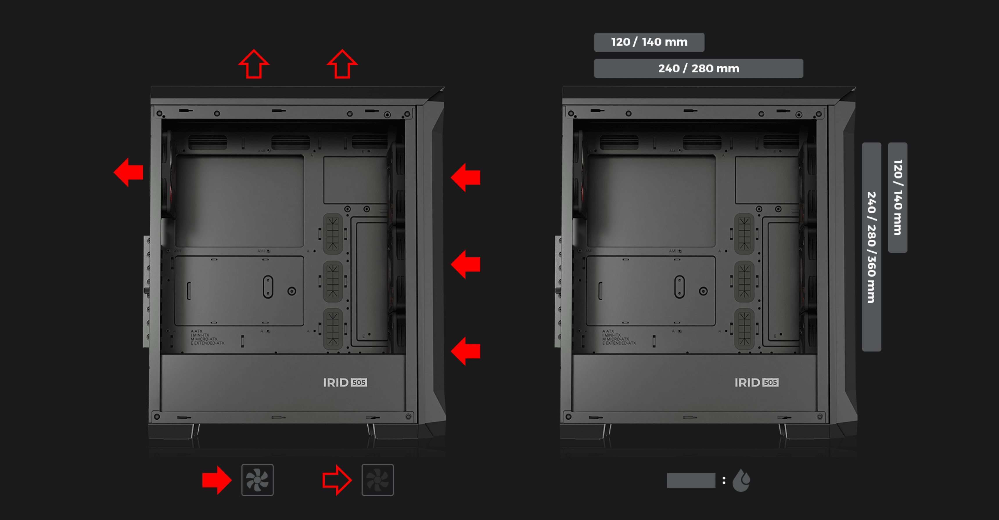 Black Genesis Irid 505 ARGB V2 Midi Tower case with a clear window, featuring fan installation options and internal layout details