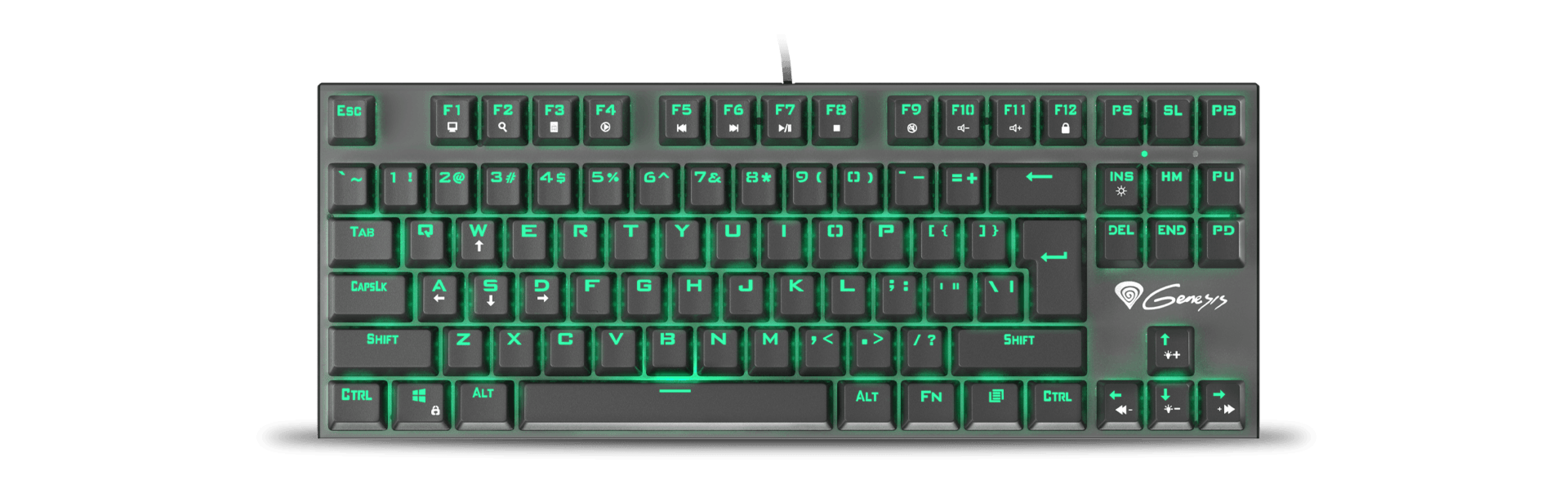 Keyboard with backlit keys and a connection cable for use with computers.