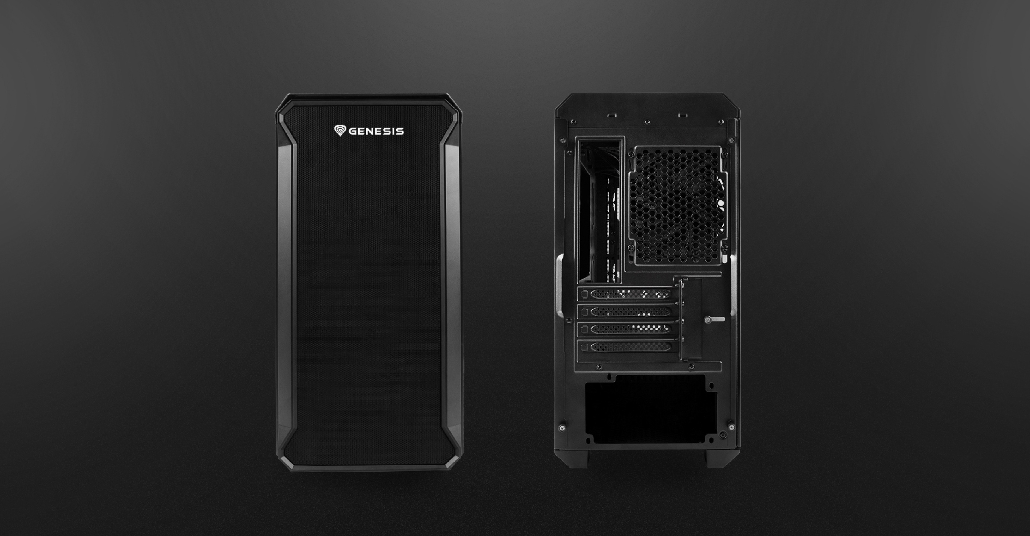 Black Genesis Irid 503 V2 MATX mini tower case with a transparent side panel and multiple internal compartments