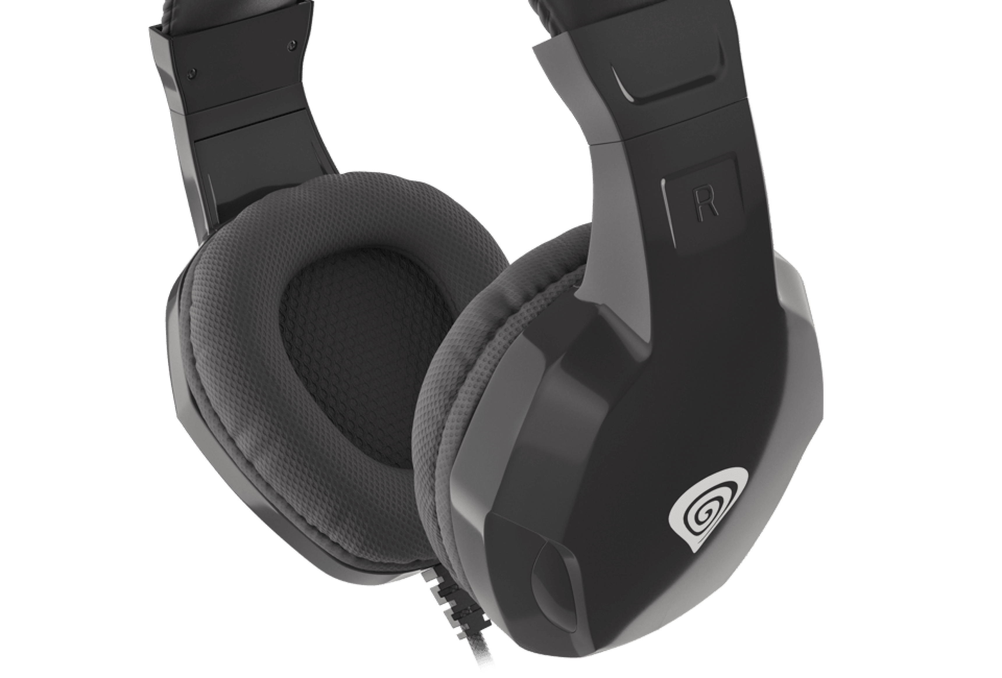 Headphones with cushioned ear pads and a glossy black finish.