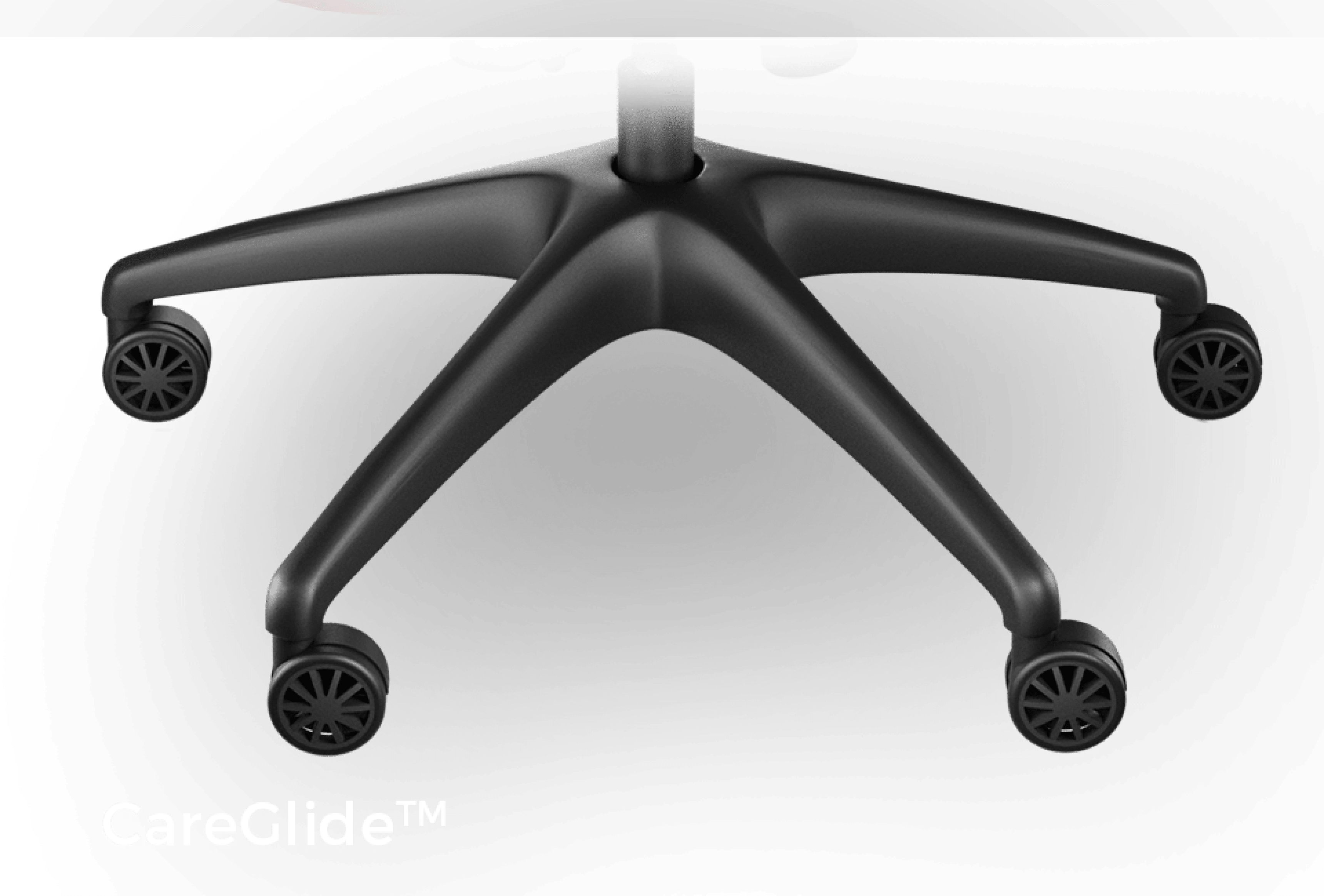 Black ergonomic chair base with five dual-wheel casters for smooth mobility