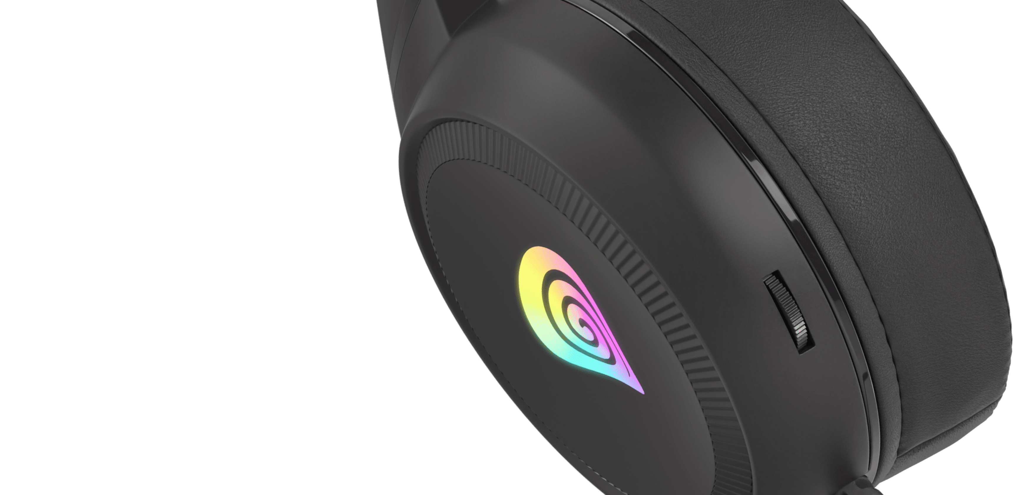 Headphones with a colorful logo and a textured ear cushion for comfort during use.