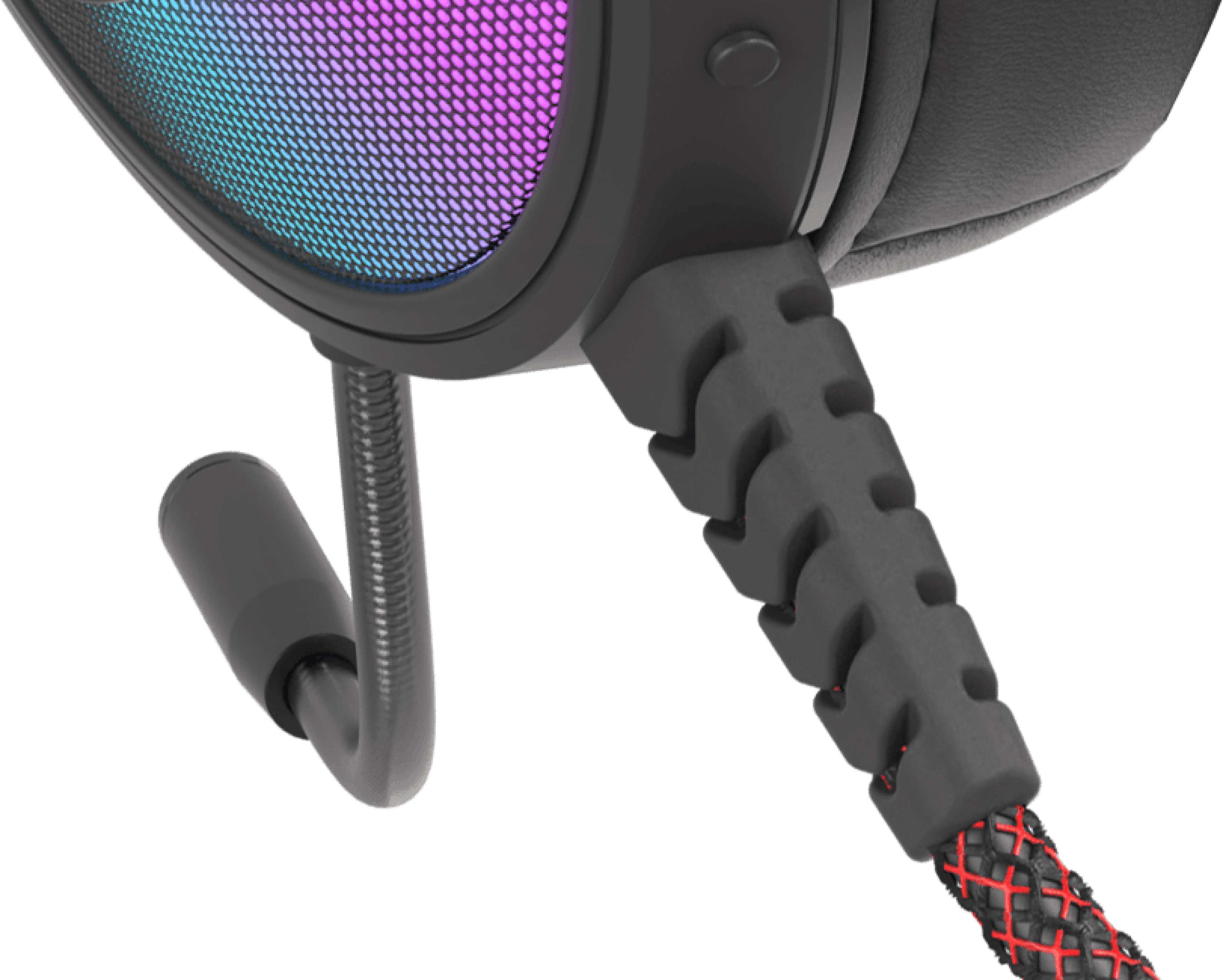 Headphones with a colorful light on the earcup and a braided connection cable.