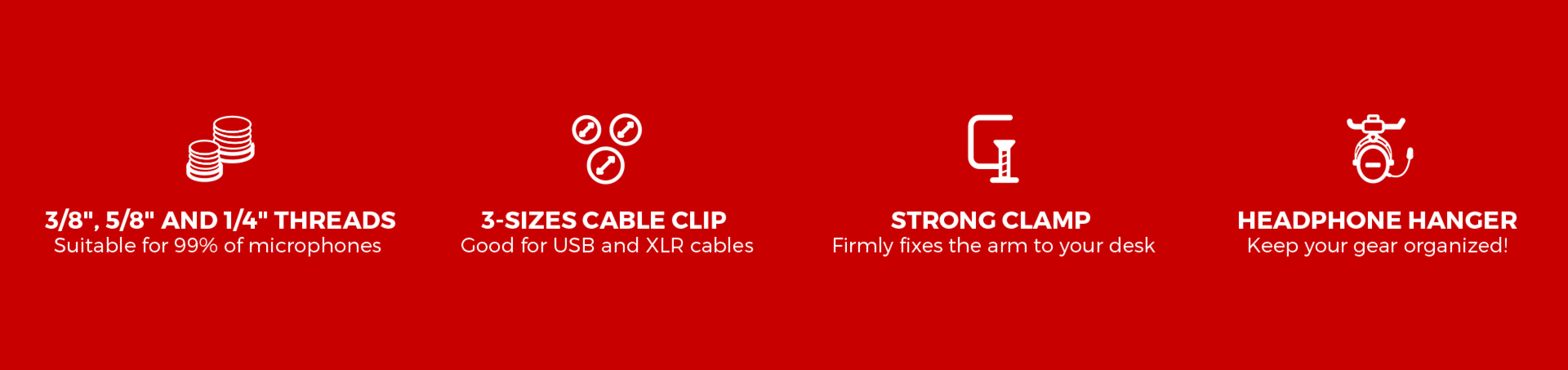 Microphone arm with headphone hanger, featuring a strong clamp and cable clips for organized setup. Suitable for various microphone threads