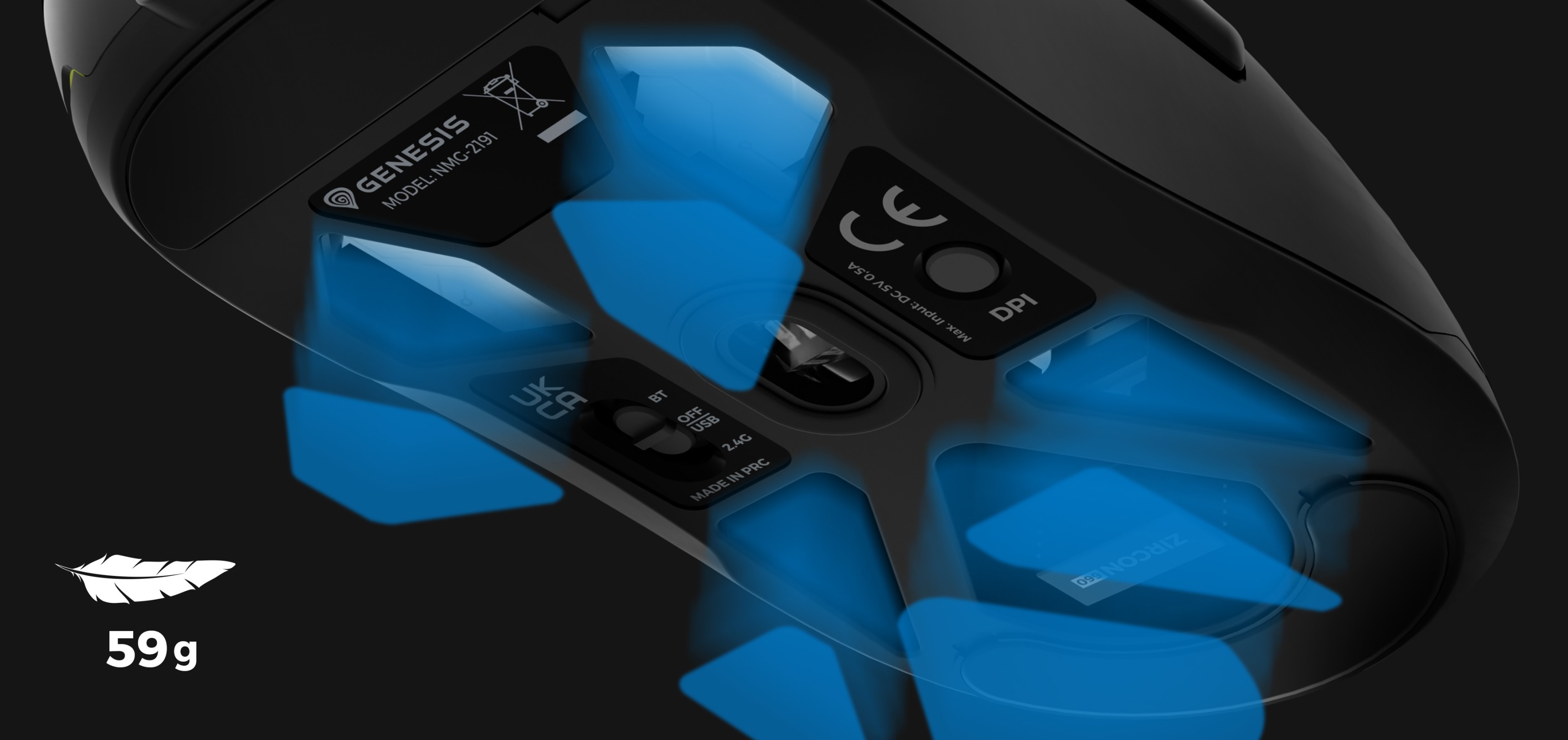 Wireless gaming mouse Genesis Zircon 660 featuring a sleek design, 12000 DPI sensitivity, and weighing 59g