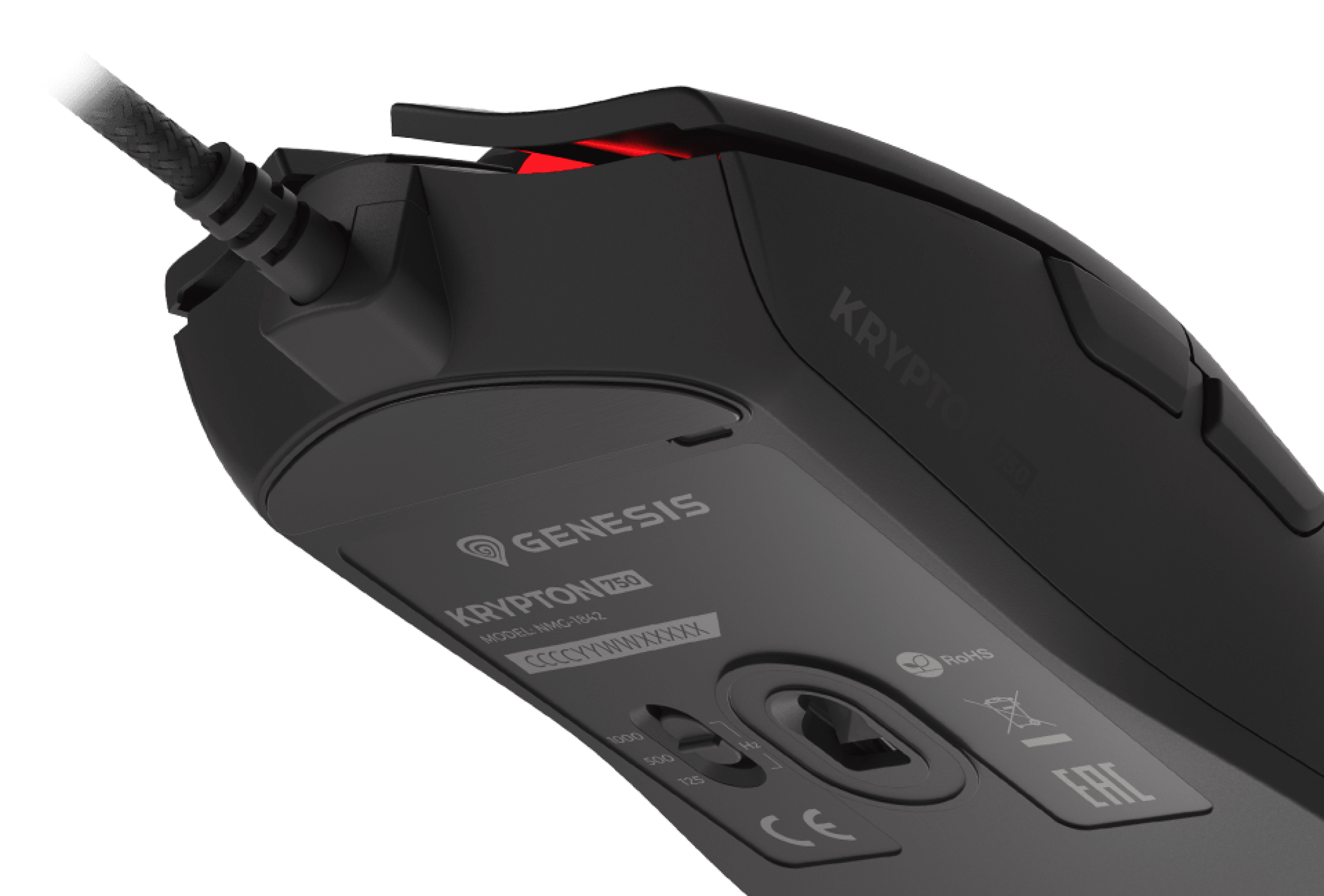Black Genesis Krypton 750 gaming mouse featuring RGB lighting and an 8000 DPI sensor. Shows cable connection and ergonomic design