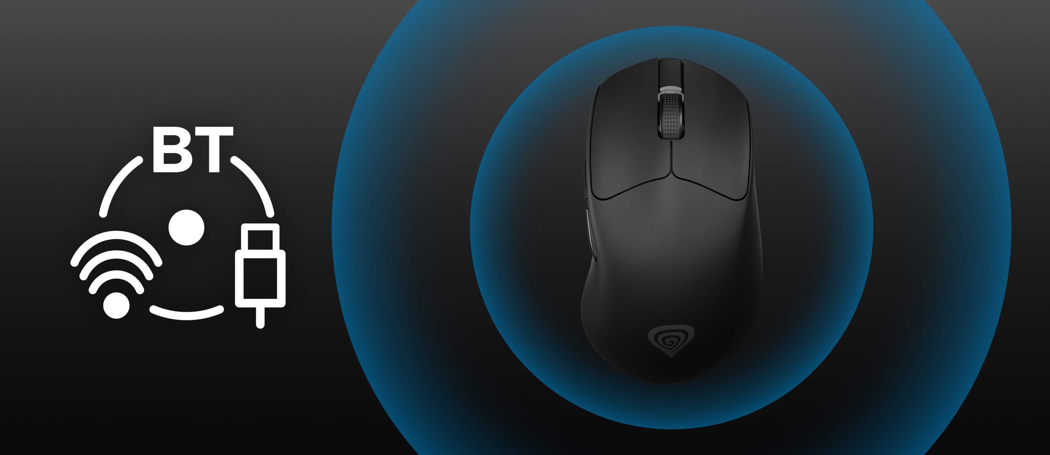 Black computer mouse positioned centrally with a glowing blue circular background.