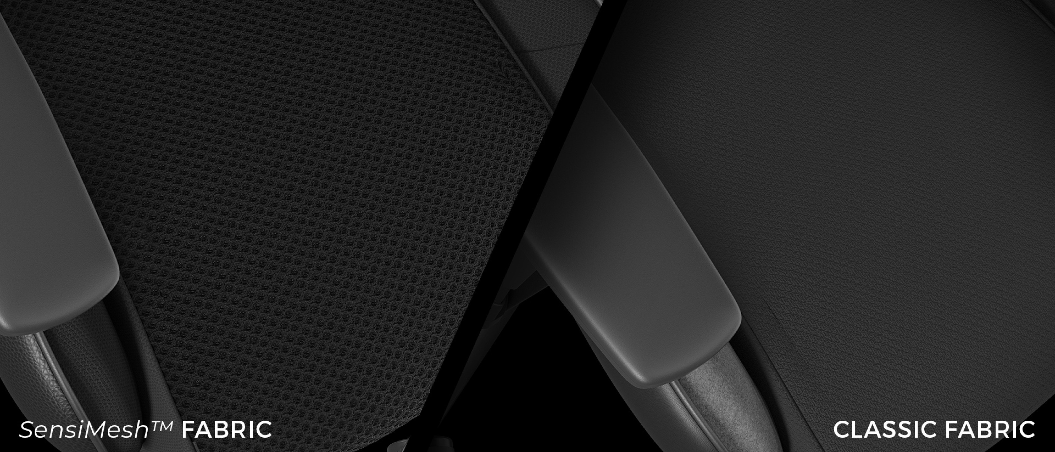 Comparison of two fabrics: SensiMesh™ on the left, featuring a textured pattern, and Classic fabric on the right, showing a smooth black finish