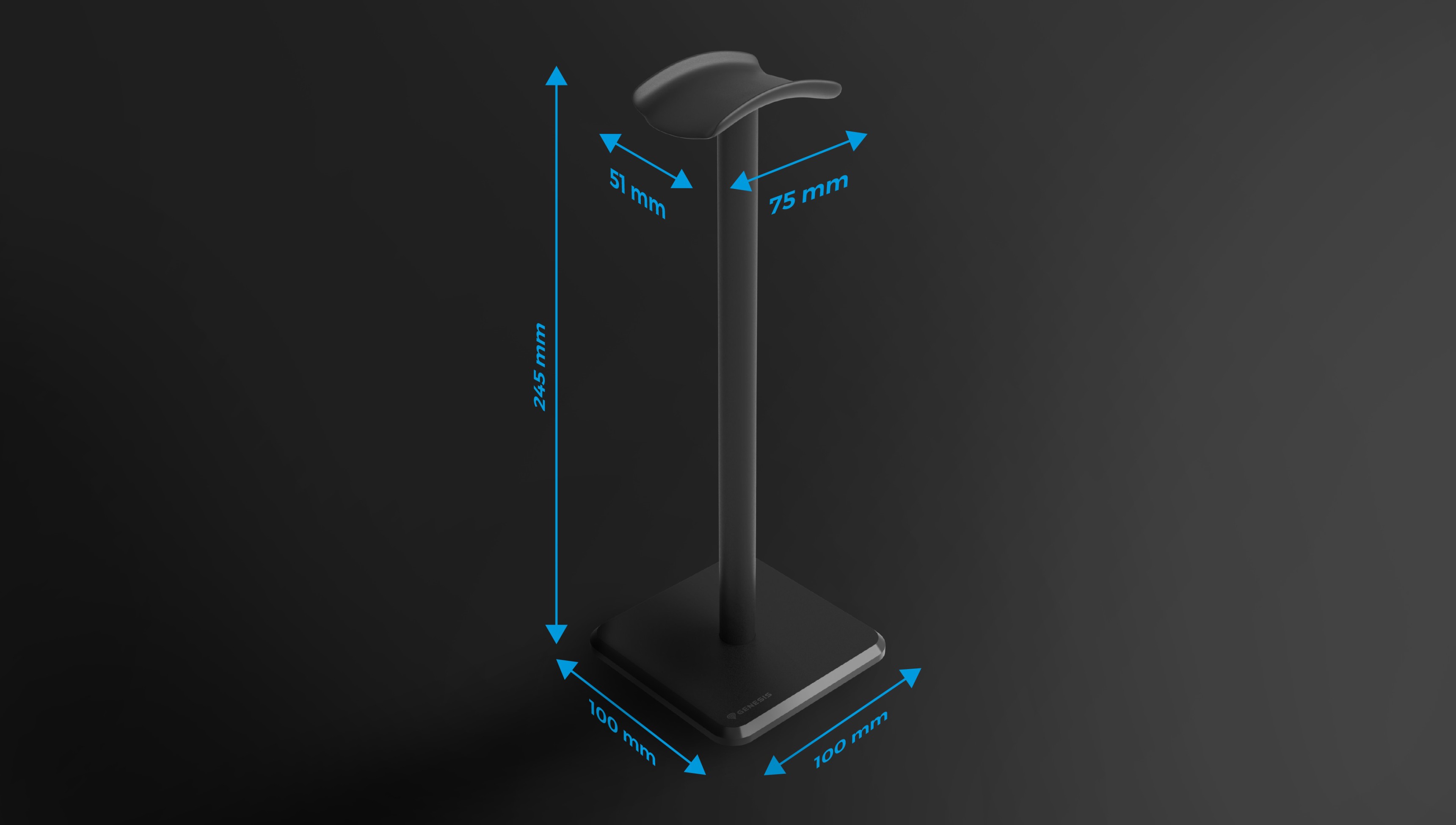 Black headphone stand Genesis Thulium 100, featuring a sturdy base and a sleek design, with visible dimensions for reference