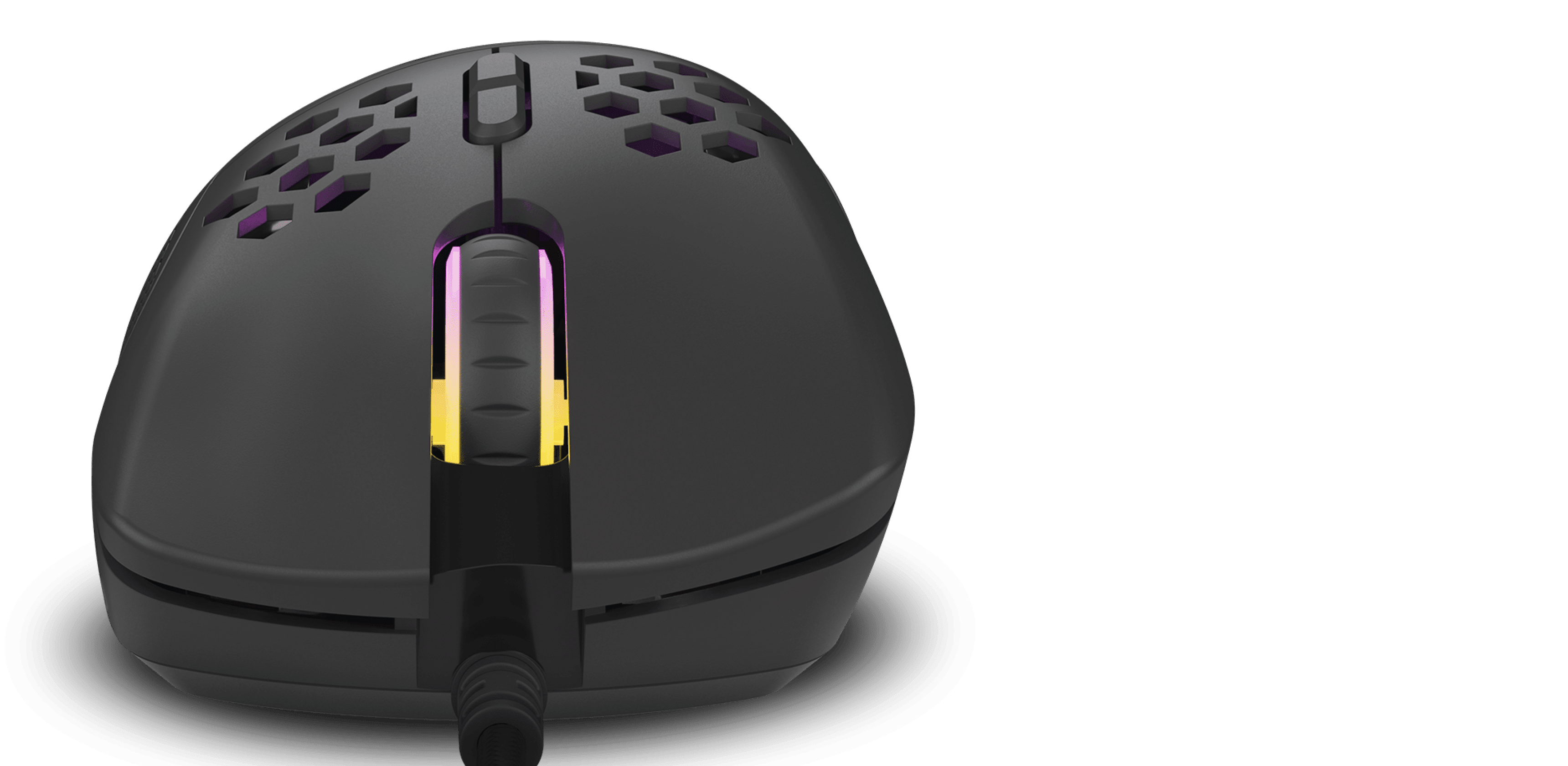 Lightweight black gaming mouse with RGB lighting, 8000 DPI sensitivity, and customizable features, showing top view and scroll wheel