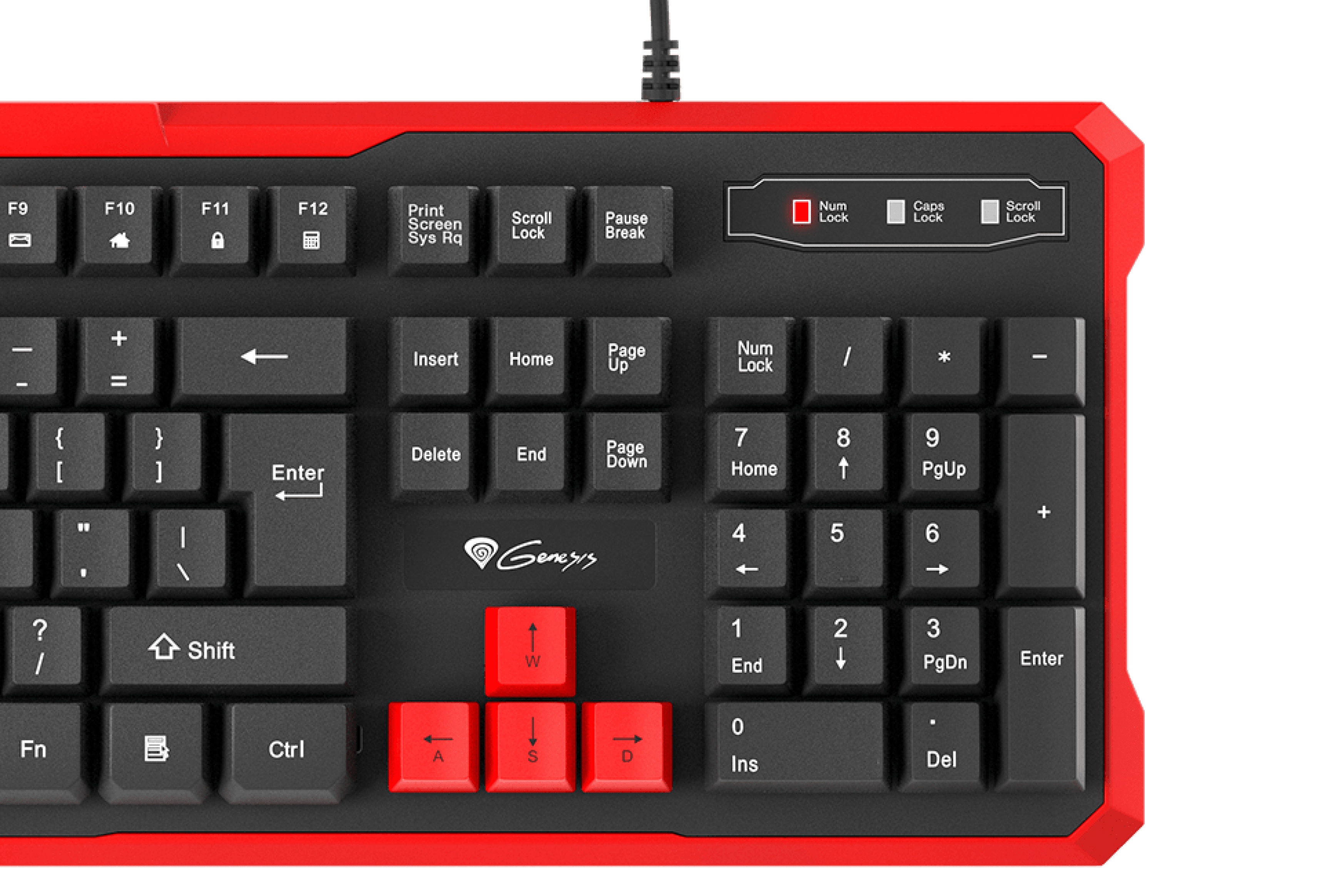 Keyboard with a black and red color scheme and various function keys.