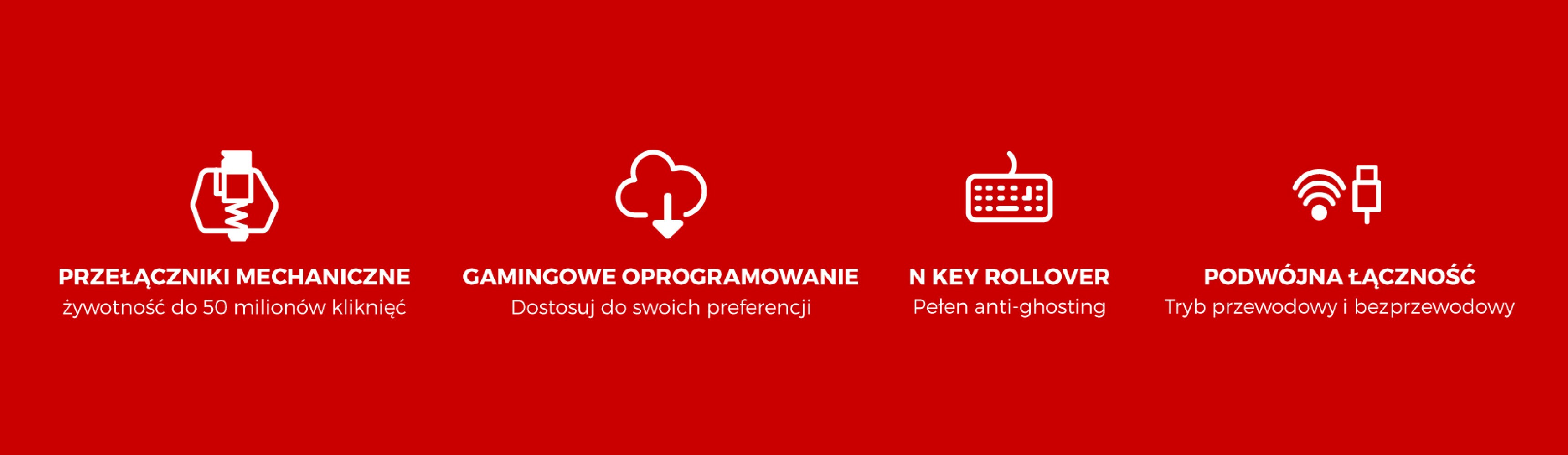 Four icons on a red background representing mechanical switches, gaming software, key rollover, and connectivity.