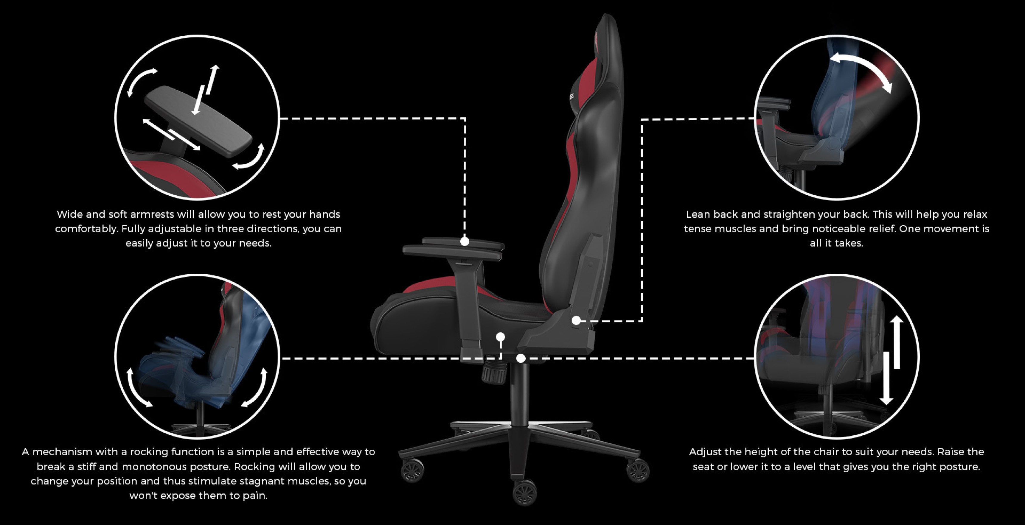 Gaming chair Genesis Nitro 720 in black and red with adjustable features for comfort, including armrests and reclining backrest