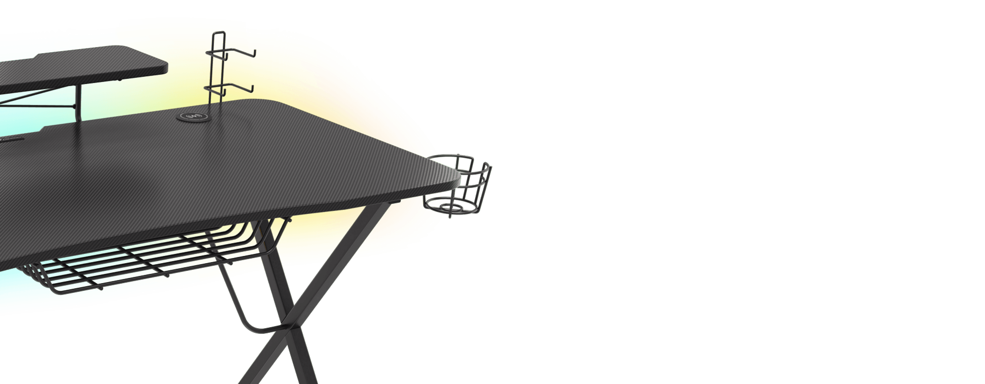 Black gaming desk with RGB lighting, featuring a raised shelf, cable management system, and accessory holder