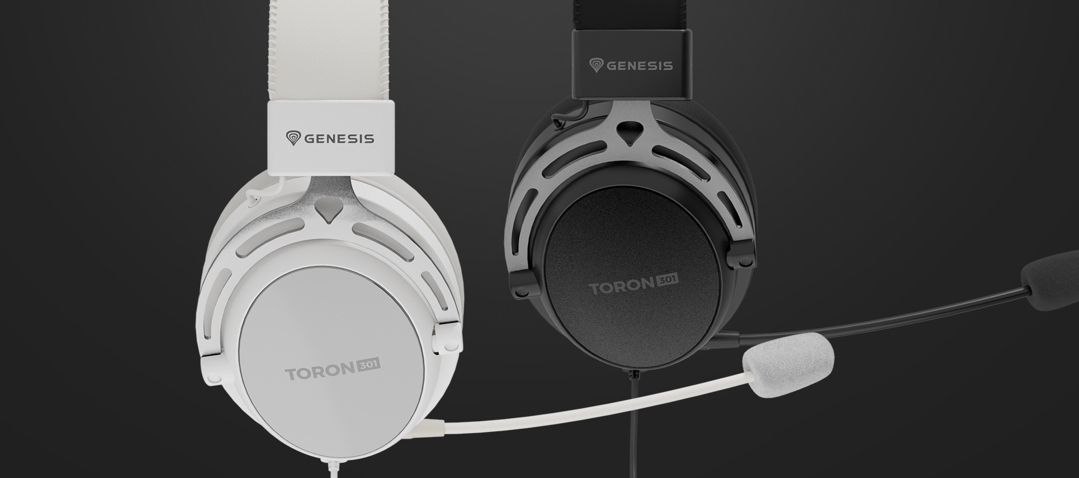 Wireless Genesis Toron 301 headphones in black and white, featuring adjustable ear cups and an attached microphone