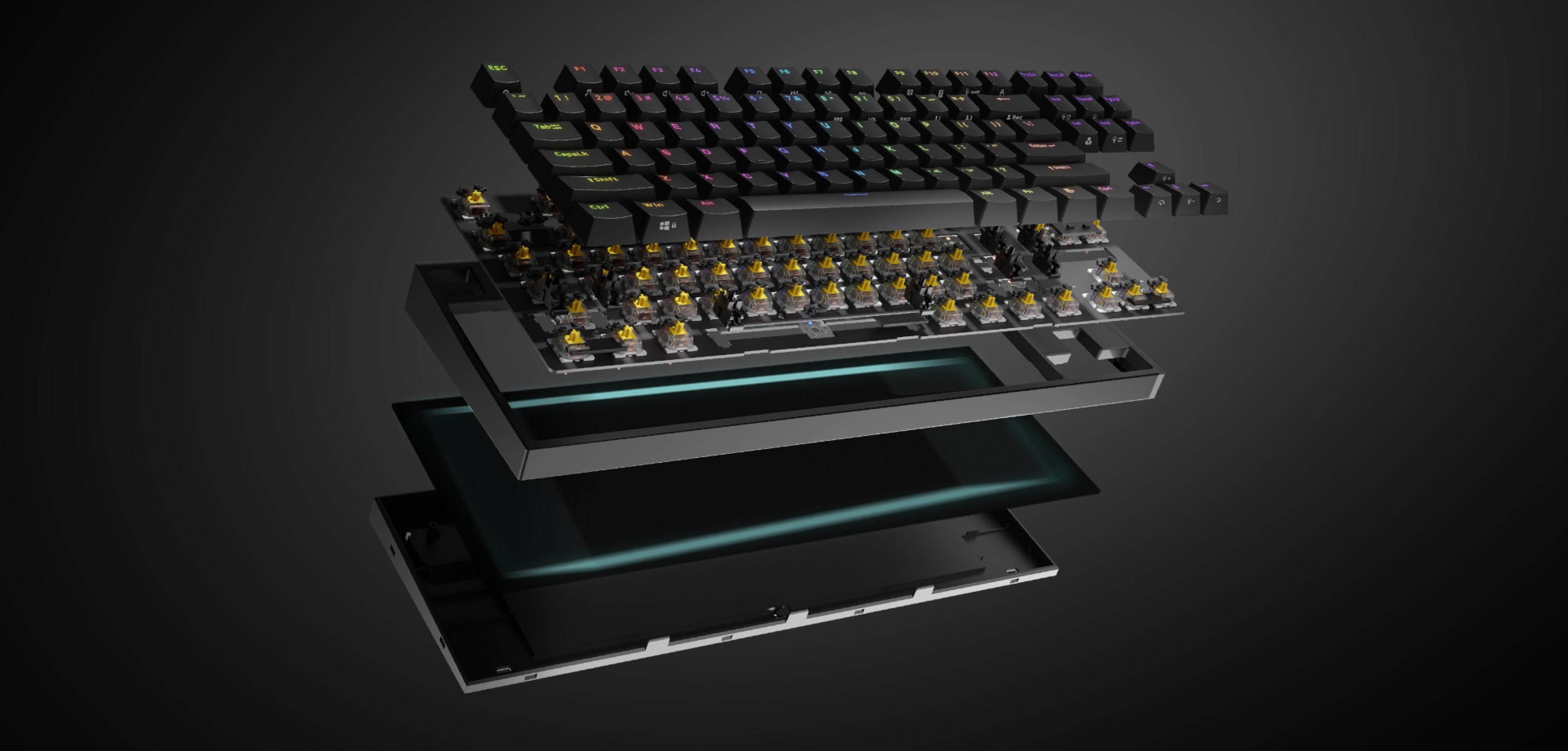 Exploded view of the Genesis Thor 404 TKL mechanical gaming keyboard, featuring RGB lighting and Gateron Yellow switches