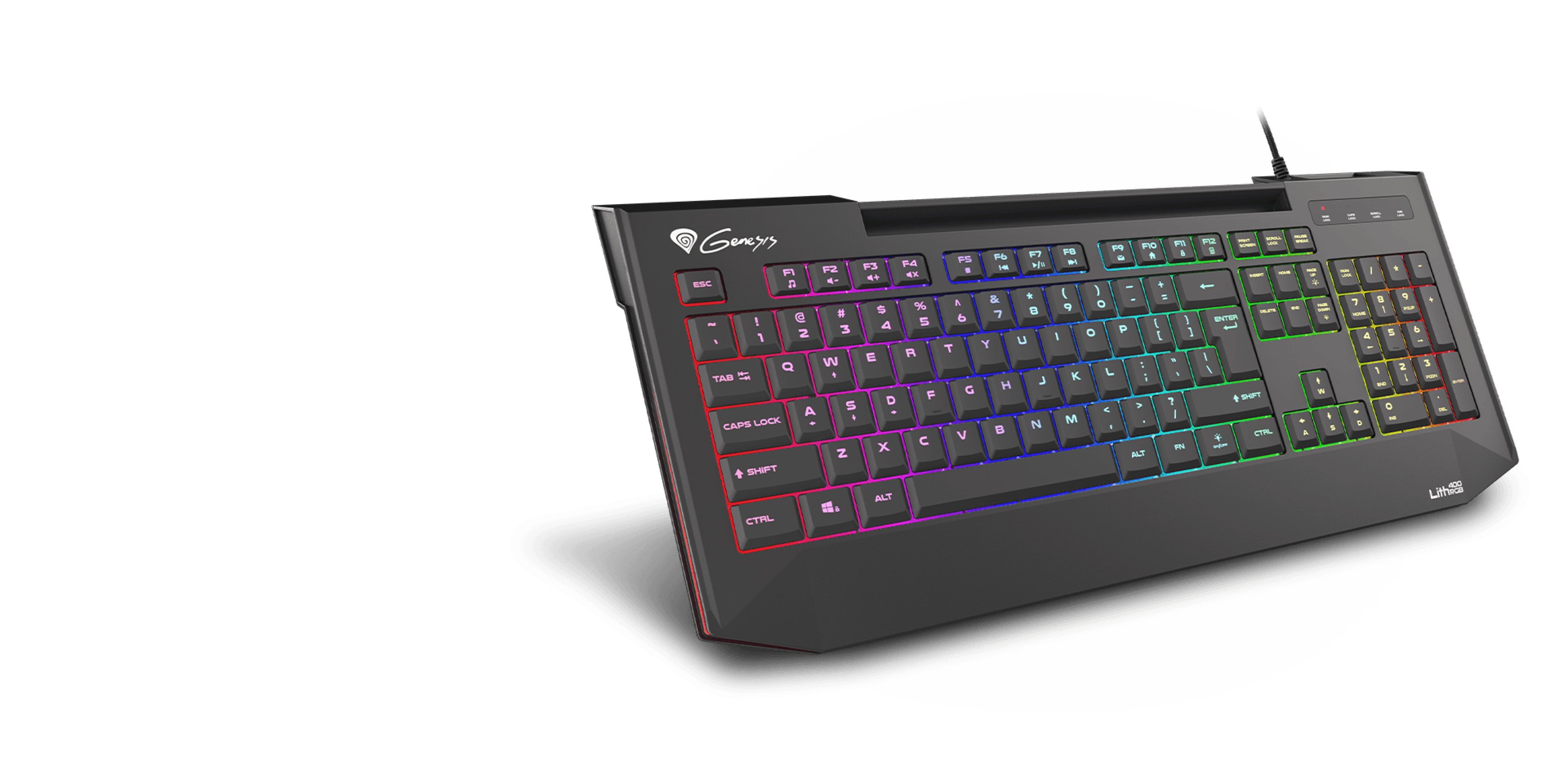Slim RGB gaming keyboard with X-scissor technology, featuring customizable backlighting and a sleek design
