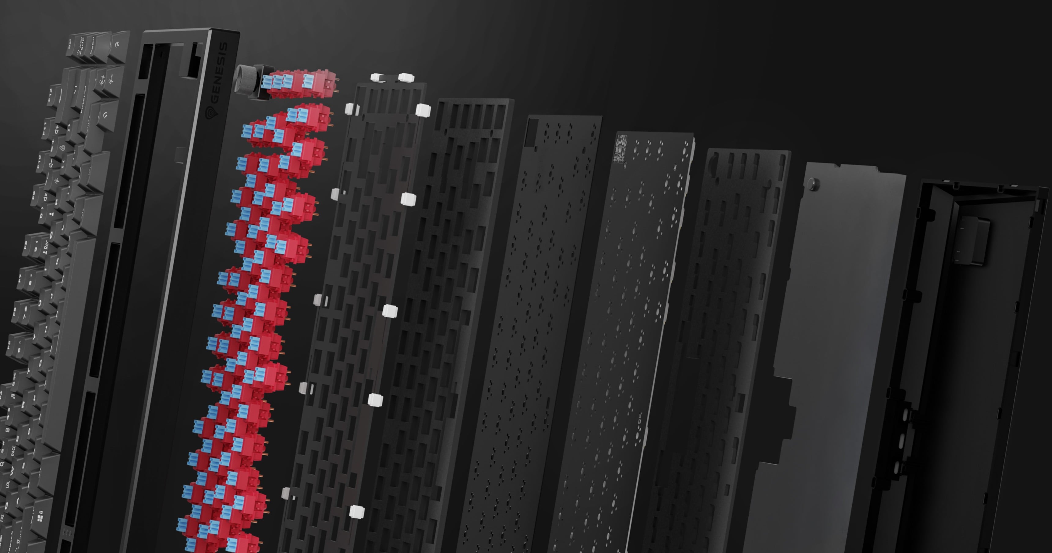 A collection of layers showing various keyboard switches and components in different textures.