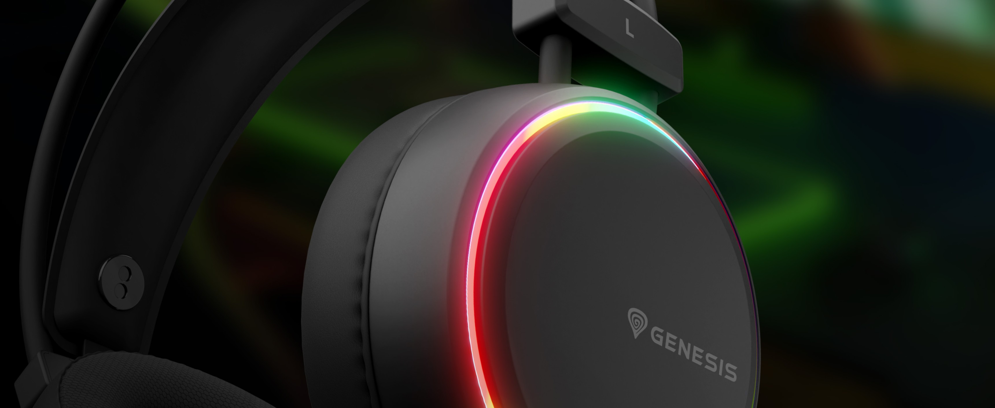 Headphones featuring a sleek design and a colorful glowing ring around the ear cup.