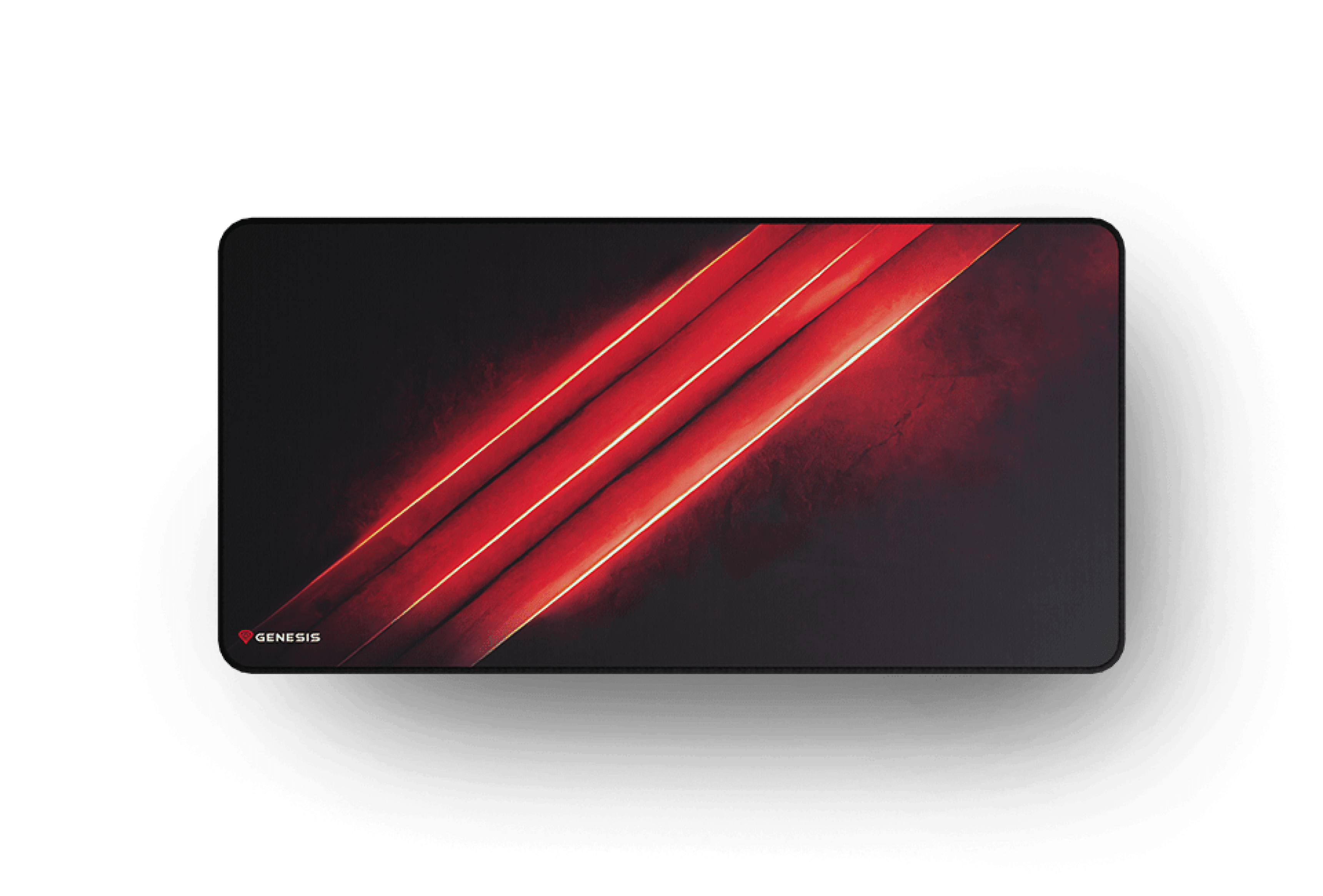Large gaming mouse pad featuring a sleek black design with striking red diagonal lines and the Genesis logo in the corner