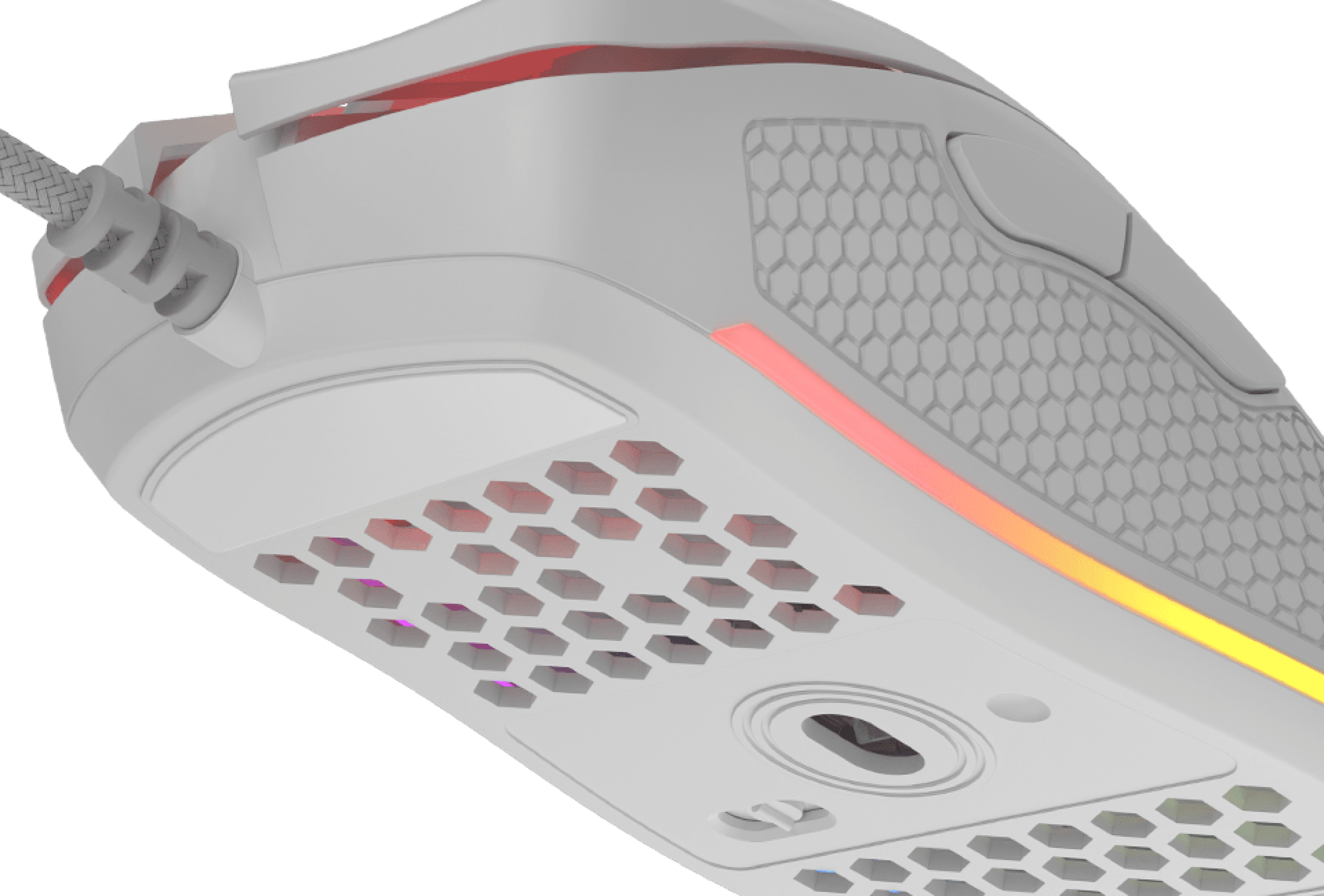 Gaming mouse with a connection cable, textured surface, and glowing light effects.